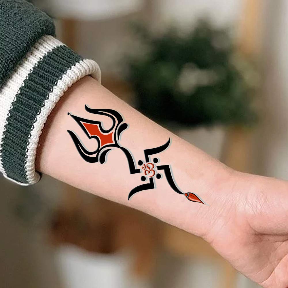 Trishul Om with Swastika Waterproof Temporary Tattoo for Men & Women - Spiritual Body Art for Festivals, Yoga & Meditation