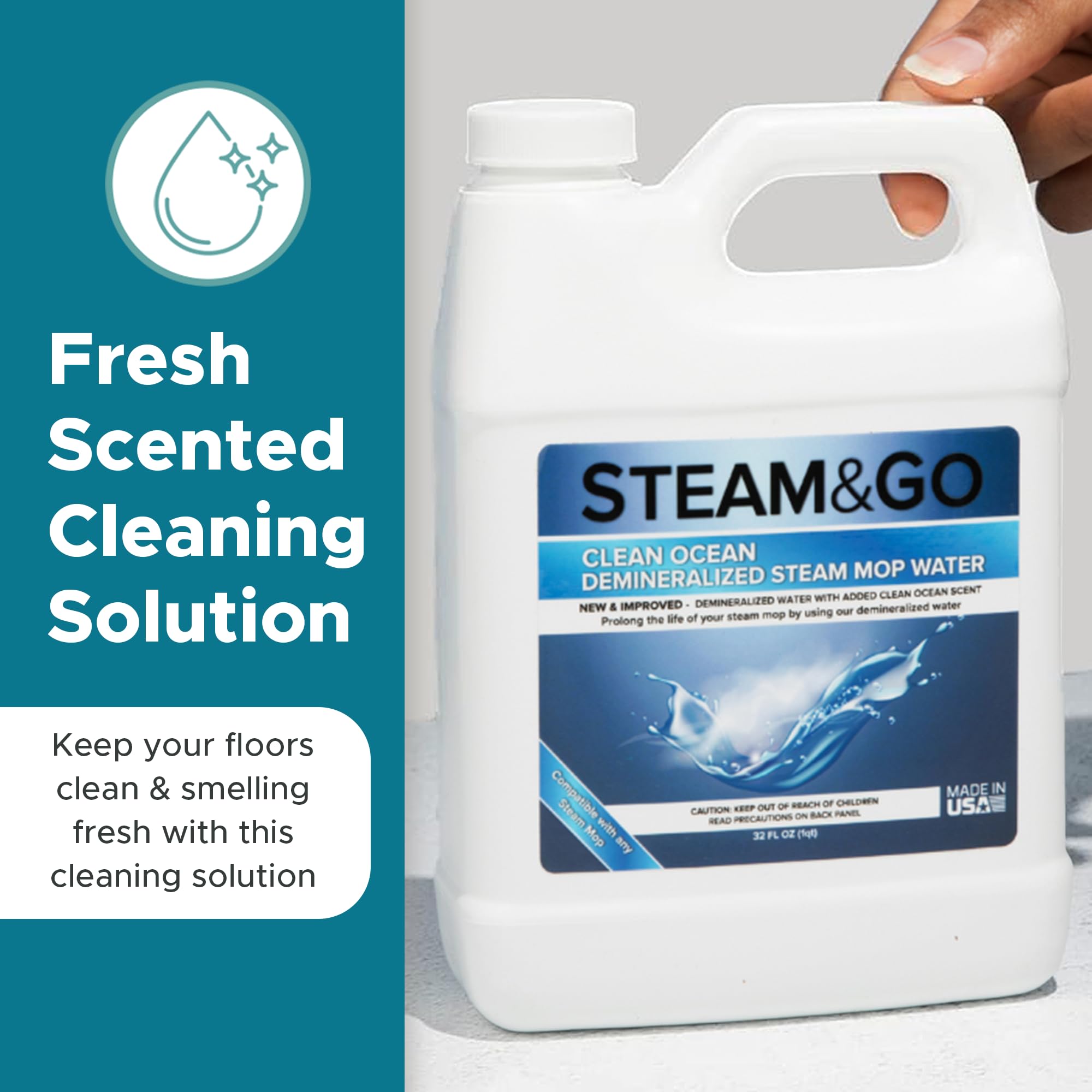 Steam & Go Demineralized Water for Steam Mops - PVC-Free Floor Cleaner Solution (32oz) | Compatible with All Steam Mops | Ready-to-Use Multi-Surface Cleaner | Ocean Scented | Perfect for Hardwood, Tile & Laminate Floors