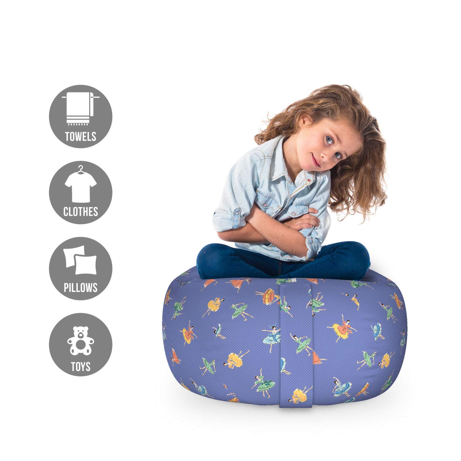 Ambesonne Ballerina Toy Storage Bag Chair - Washable Stuffed Animal Organizer with Women Dancing Motifs, Small Multicolor - Perfect for Kids' Room, Nursery, and Playroom Organization