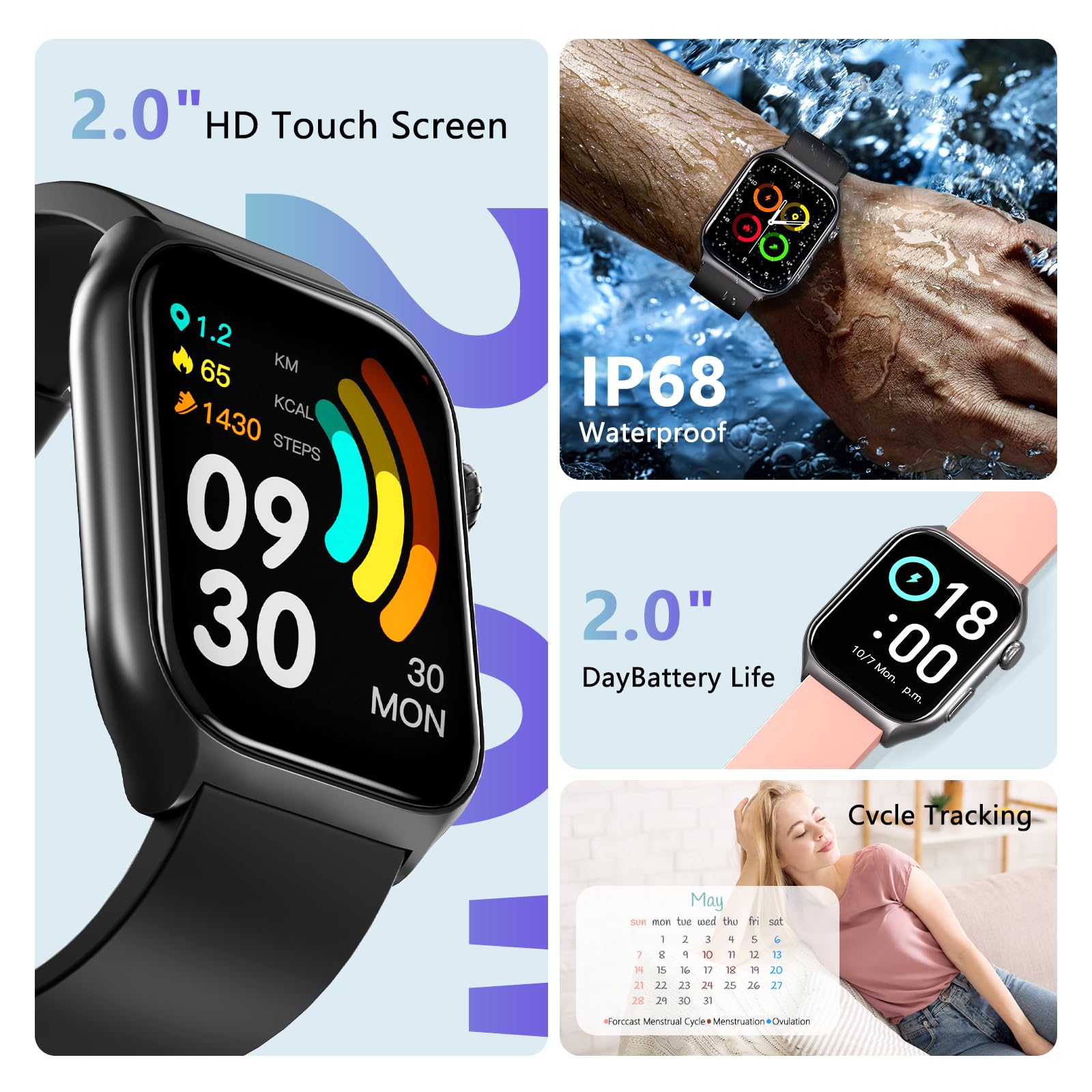 YMS Android Smart Watch for Women - Bluetooth Call, Fitness Tracker with Heart Rate Monitor, Sleep & Step Counter, 100+ Sports Modes, 2.0