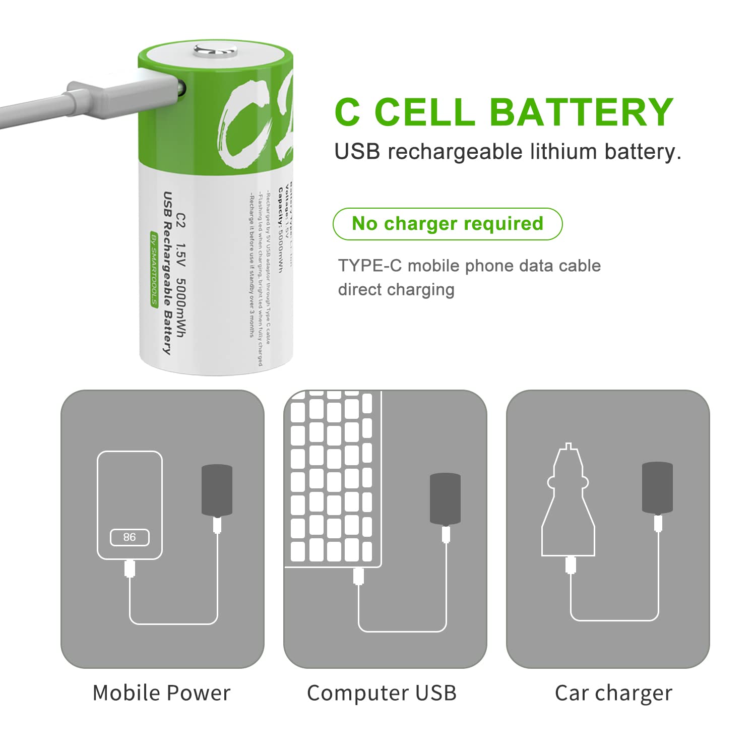 Rechargeable C Batteries 1.5V 5000mWh USB Type C Lithium-ion C Cell Batteries - 8 Pack for Flashlights, Toys, Radios & Emergency Power Backup