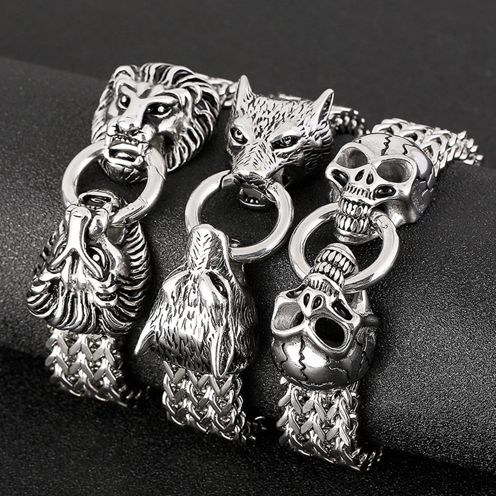 Men's Punk Bracelet - Black Stainless Steel Skull Lion Wolf Head Bracelet for Men | Trendy Gothic Jewelry for Casual & Party Wear
