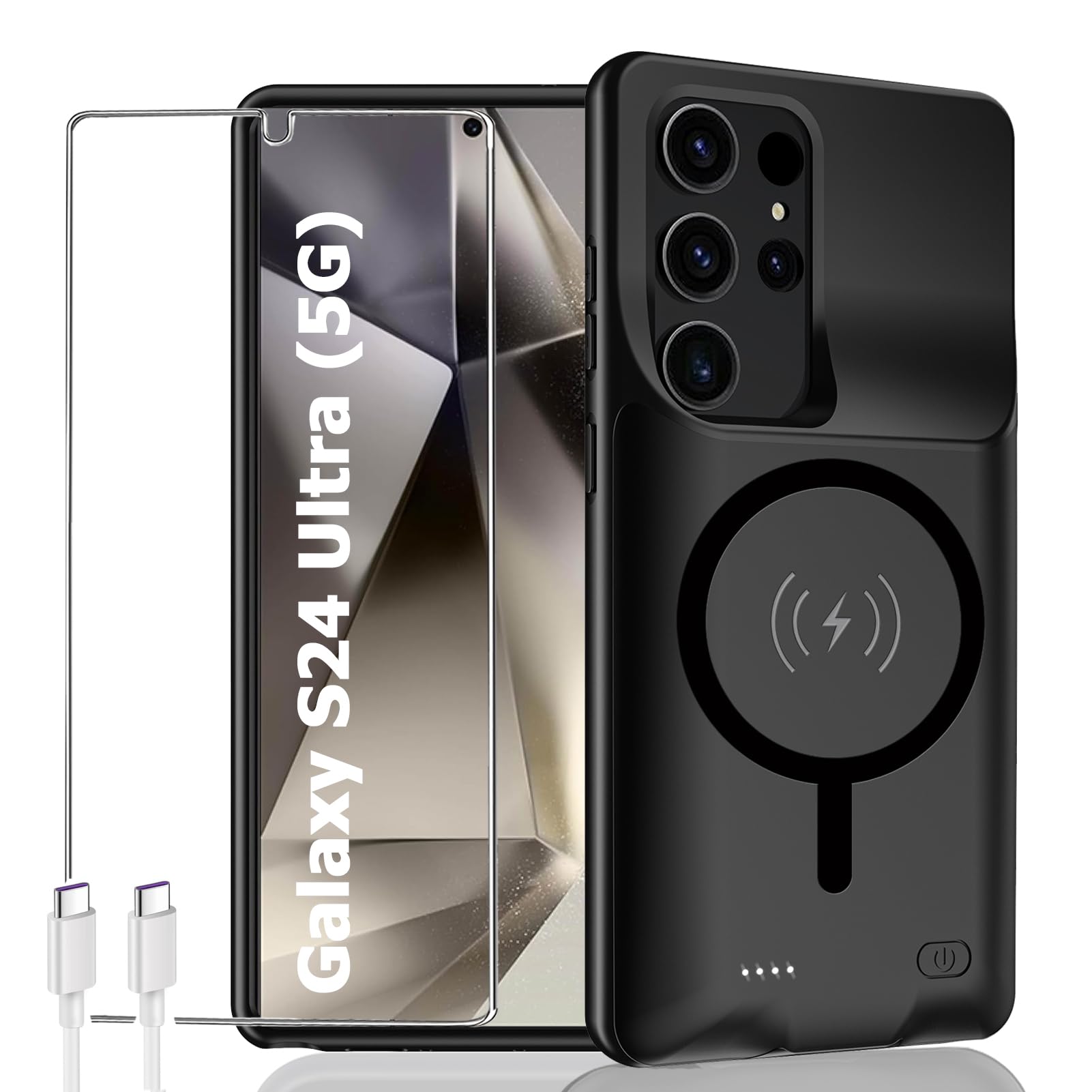 Galaxy S24 Ultra Battery Case 12000mAh - Wireless Charging Protective Cover with CarPlay Support | Rechargeable Extended Battery Charger for Samsung S24 Ultra (6.8 Inch) | Perfect for Travel, Work & Outdoor Activities (Black)