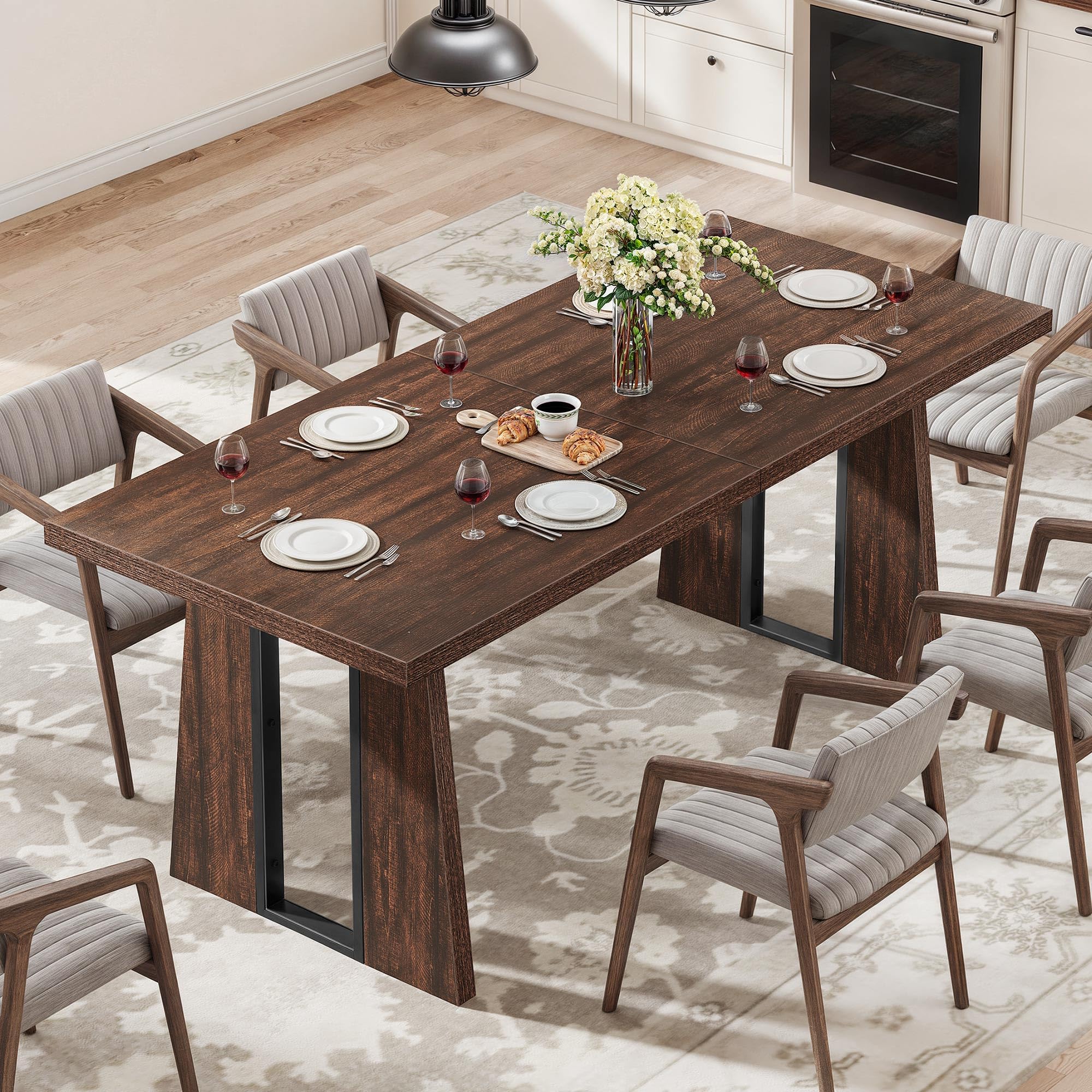 DWVO 70.86 Inch Large Rectangle Dining Table for 6-8 People - Solid Wood Kitchen Table with Heavy Duty Metal Legs for Apartment, Restaurant & Home Dining Room (Walnut Finish) - Perfect for Family Gatherings, Dinner Parties & Everyday Meals