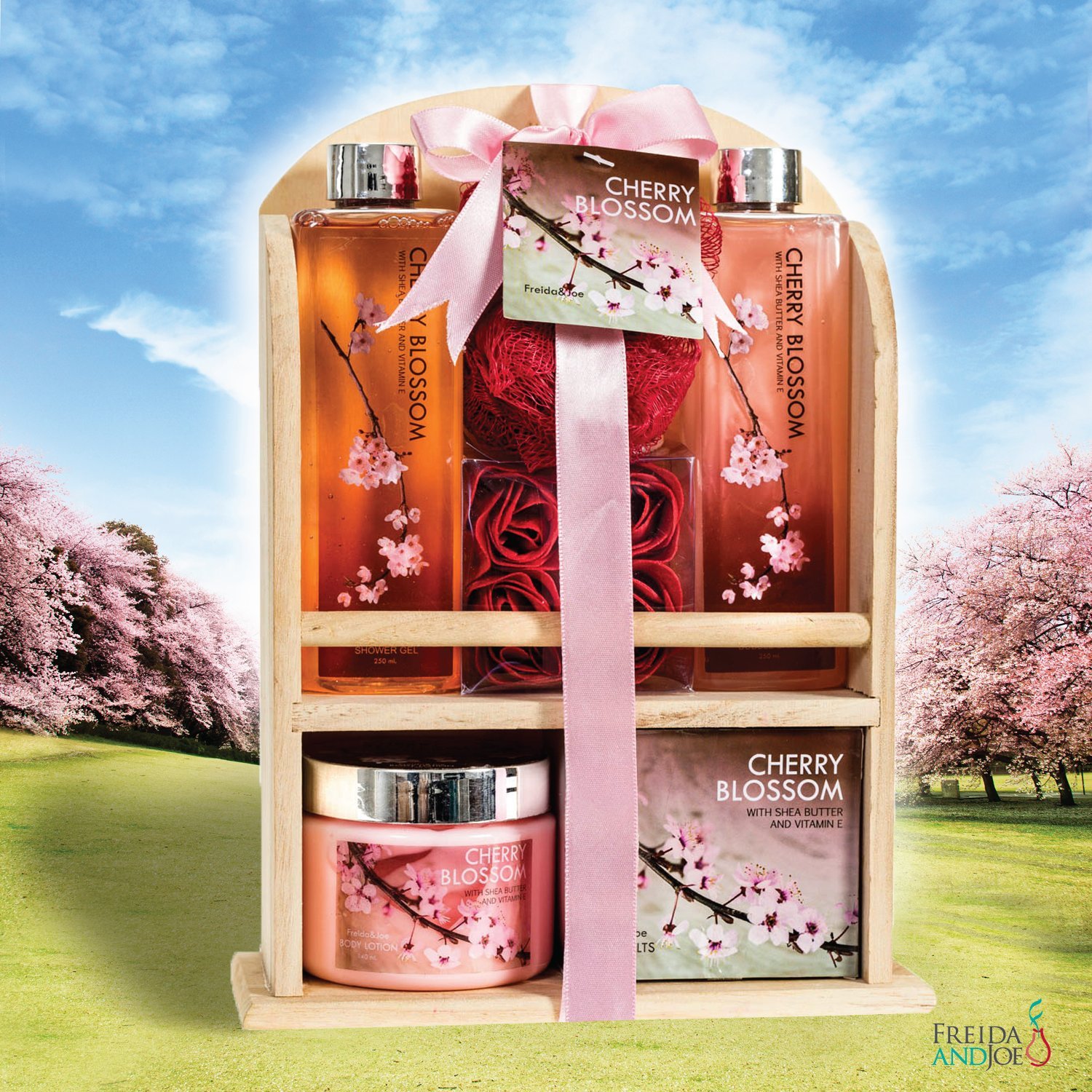 Premium Cherry Blossom Spa Gift Set for Women - Luxury Bath & Body Care Kit with Bubble Bath, Bath Salts, Body Lotion, Loofah & Rose Soaps in Wooden Box - Perfect for Valentine's Day, Mother's Day, Relaxation & Self-Care Gifts