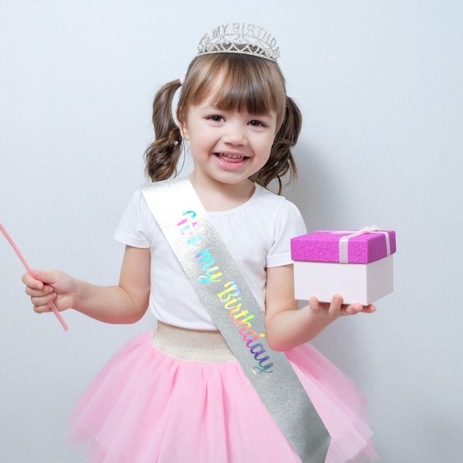 Birthday Sash & Rhinestone Tiara Set for Women - Silver Glam Birthday Crown & Decorations - Perfect for Birthday Parties, Bachelorette, and Special Celebrations