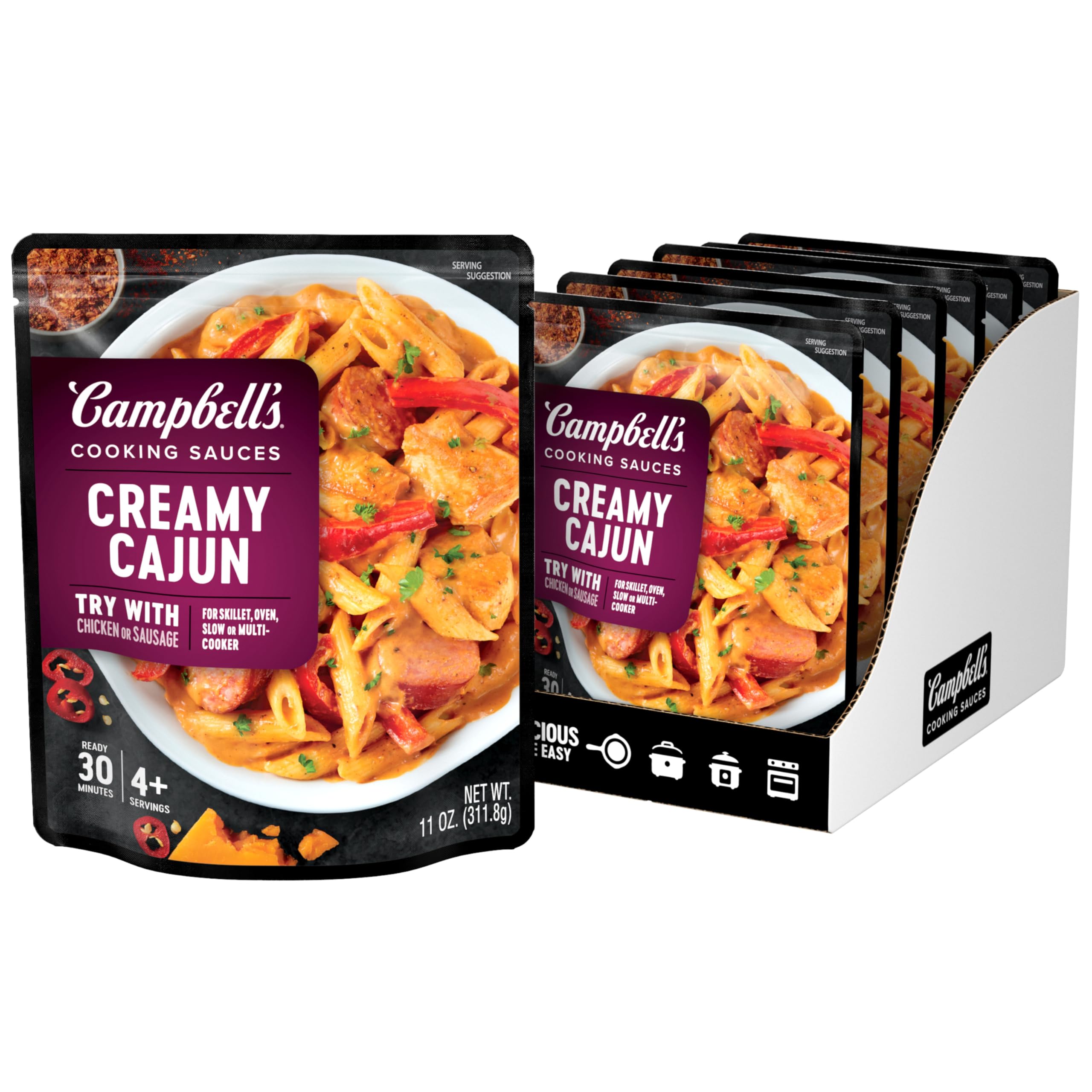 Campbell's Creamy Cajun Cooking Sauce - 11 Oz Pouch (Pack of 6) | Rich & Spicy Flavor for Pasta, Chicken, Seafood & More | Easy Meal Enhancer for Home Chefs & Food Lovers