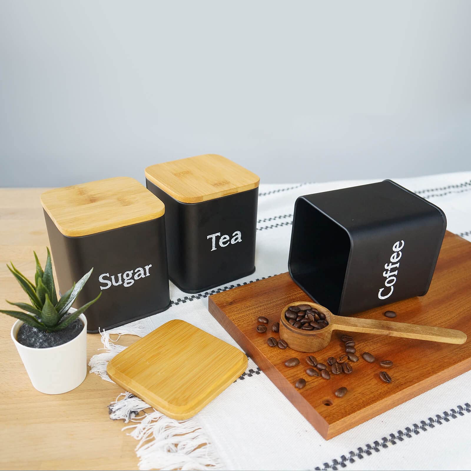 3-Piece Kitchen Canister Set - Airtight Coffee, Sugar & Tea Storage Containers with Bamboo Lids - Square Black Metal Food Jars for Pantry Organization (Ideal for Coffee Bars, Bakeries & Home Kitchens)