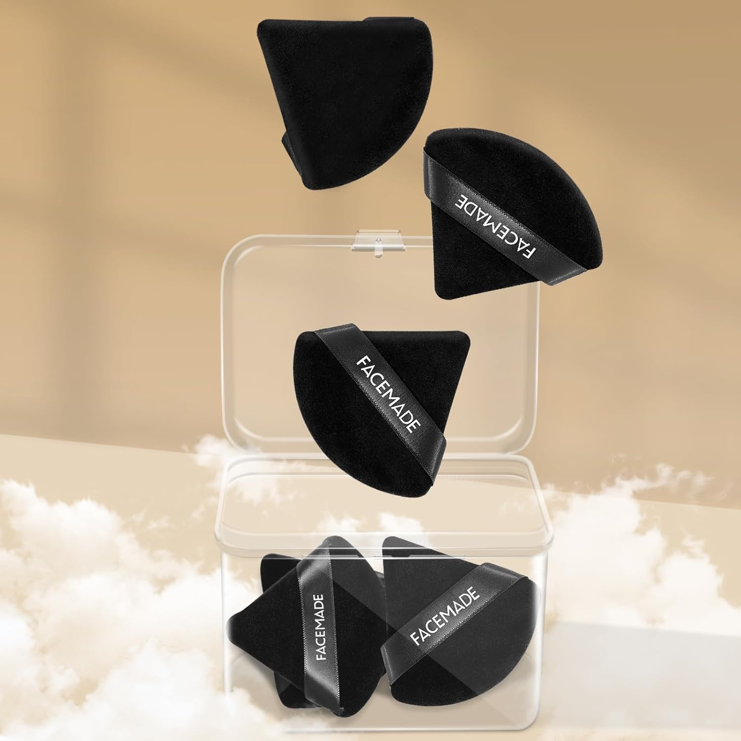 FACEMADE 6-Piece Triangle Velour Powder Puff Set with Storage Case - Soft Makeup Sponge for Wet & Dry Application - Perfect for Foundation, Setting Powder & Blush Touch-Ups