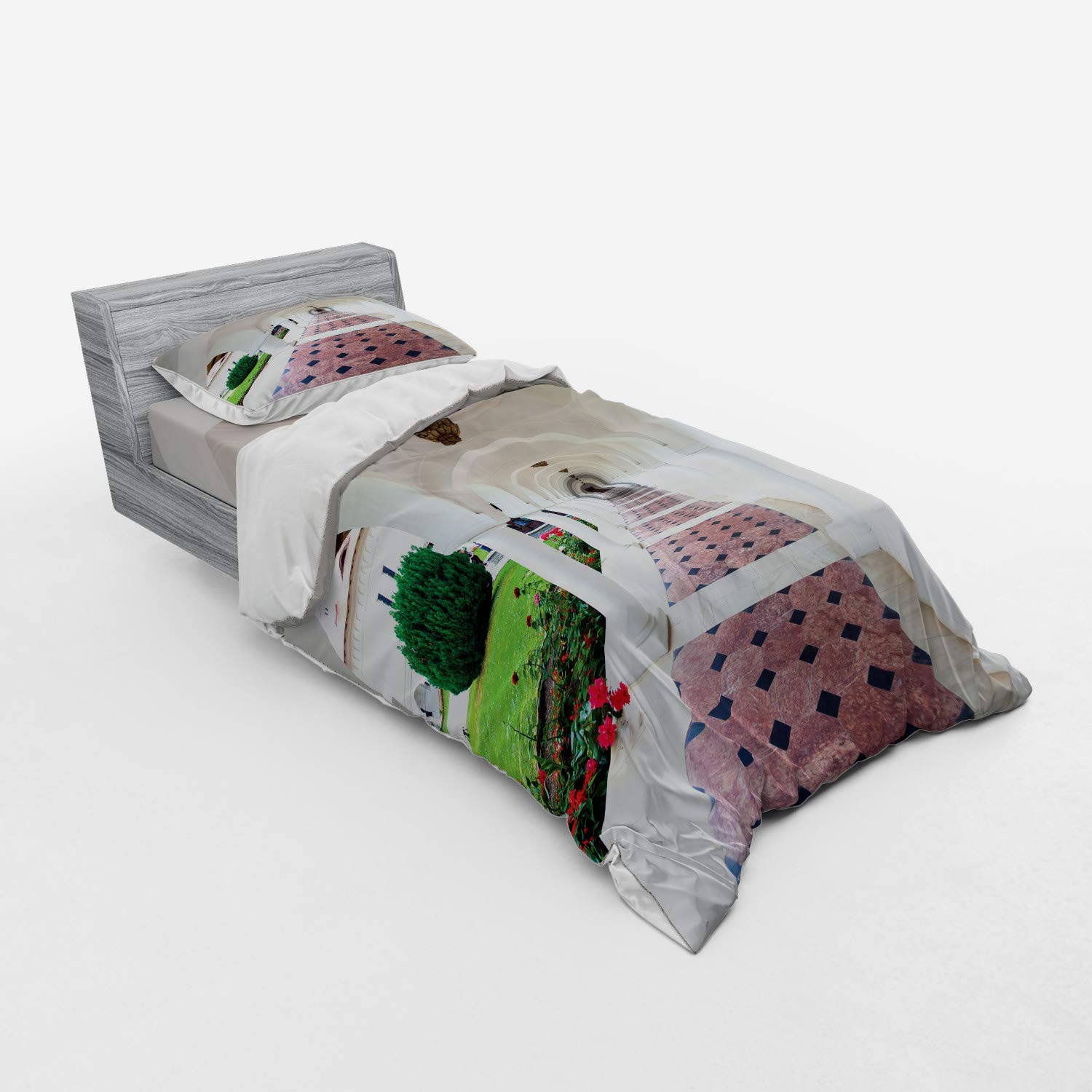 Ambesonne 3-Piece Travel Bedding Set - Twin Size Duvet Cover with Sham & Fitted Sheet, White & Green, Transylvania Romania Inspired Design - Perfect for Guest Rooms, Vacation Homes & Dorm Decor