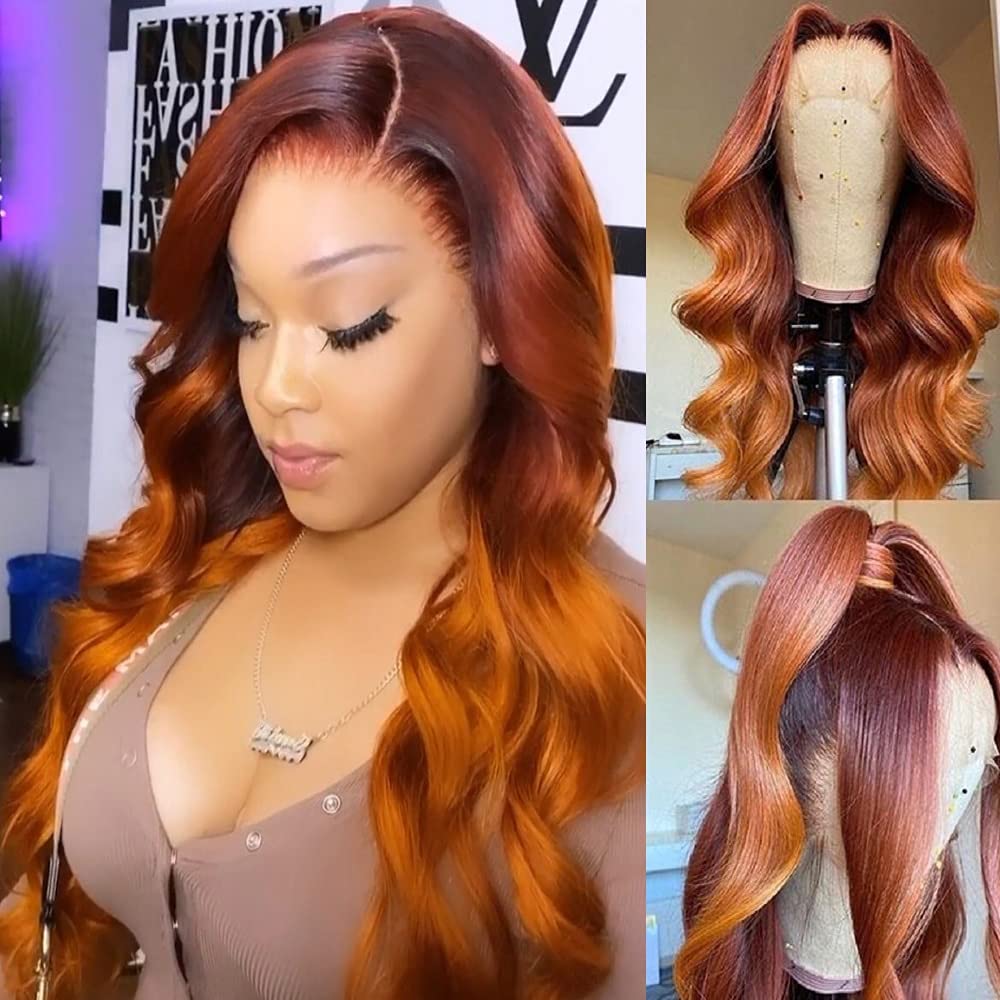 13x4 Lace Front Human Hair Wig - Ombre Ginger Orange Body Wave with Baby Hair & Natural Hairline | 180% Density Glueless Middle Part Wig for Women | Perfect for Cosplay, Daily Wear & Special Occasions