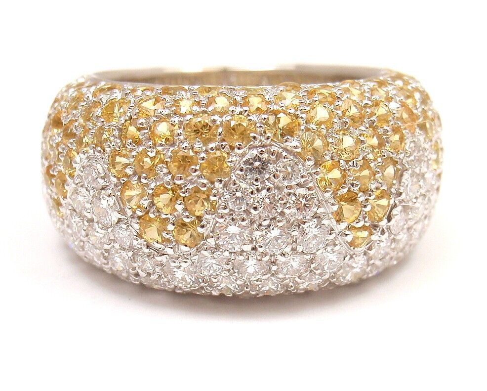 Authentic Chopard 18K White Gold Yellow Sapphire Diamond Wave Wide Band Ring for Women - Luxury Statement Jewelry for Weddings, Anniversaries & Special Occasions