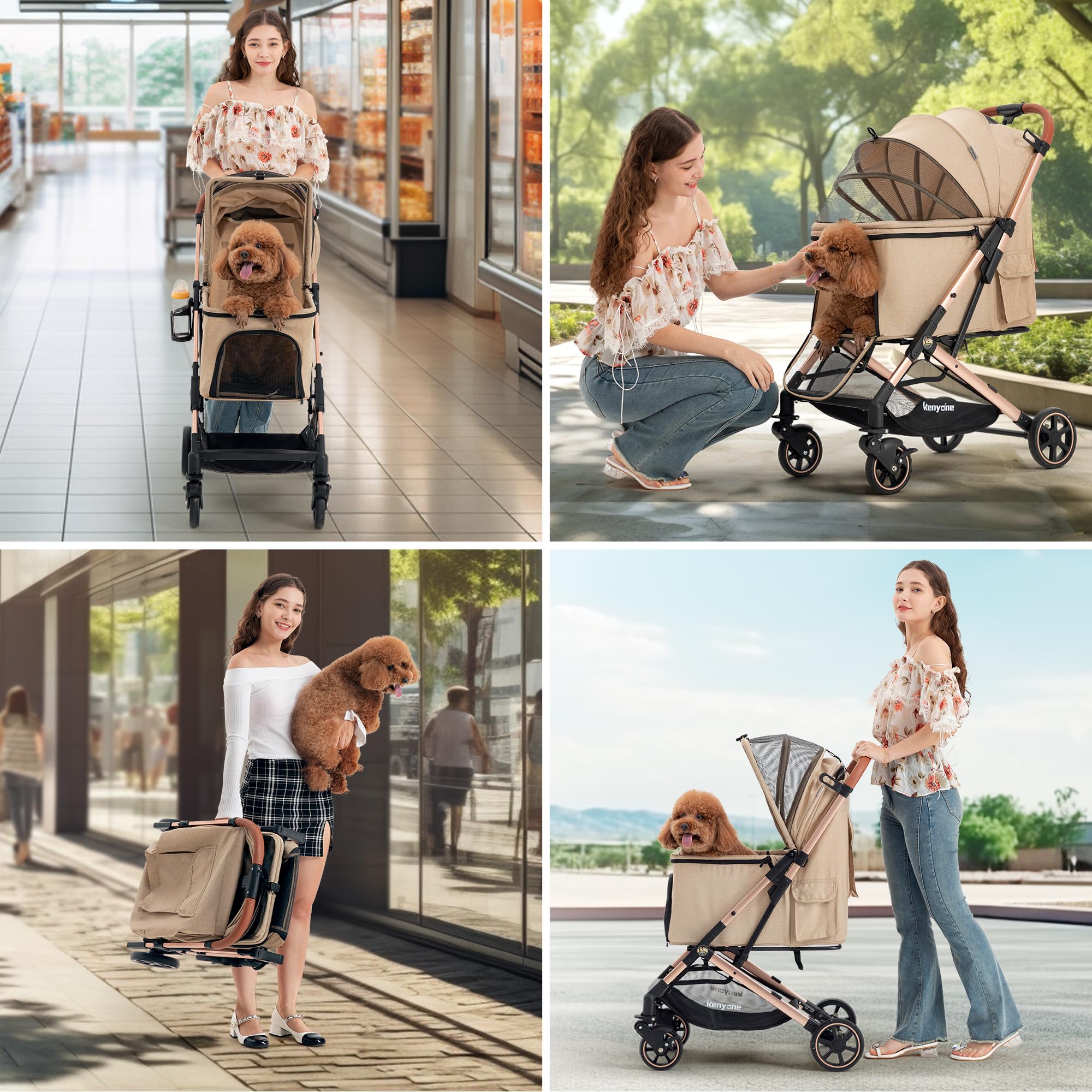 Kenyone Medium Dog Stroller for Pets Up to 55lbs - Lightweight Aluminum Frame, One-Click Folding, No-Zip Entry & Detachable Mesh - Perfect for Walks, Vet Visits & Outdoor Adventures