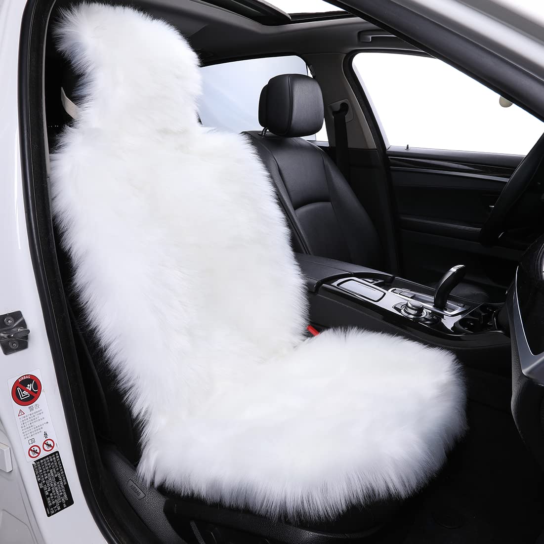 1Pc Faux Sheepskin Wool Fur Car Seat Cover - Universal Fit for Cars, SUVs & Trucks - Soft Plush Synthetic Buck Fur Cushion by FLMaples (White) - Perfect for Winter Comfort & Luxury Interior Upgrade
