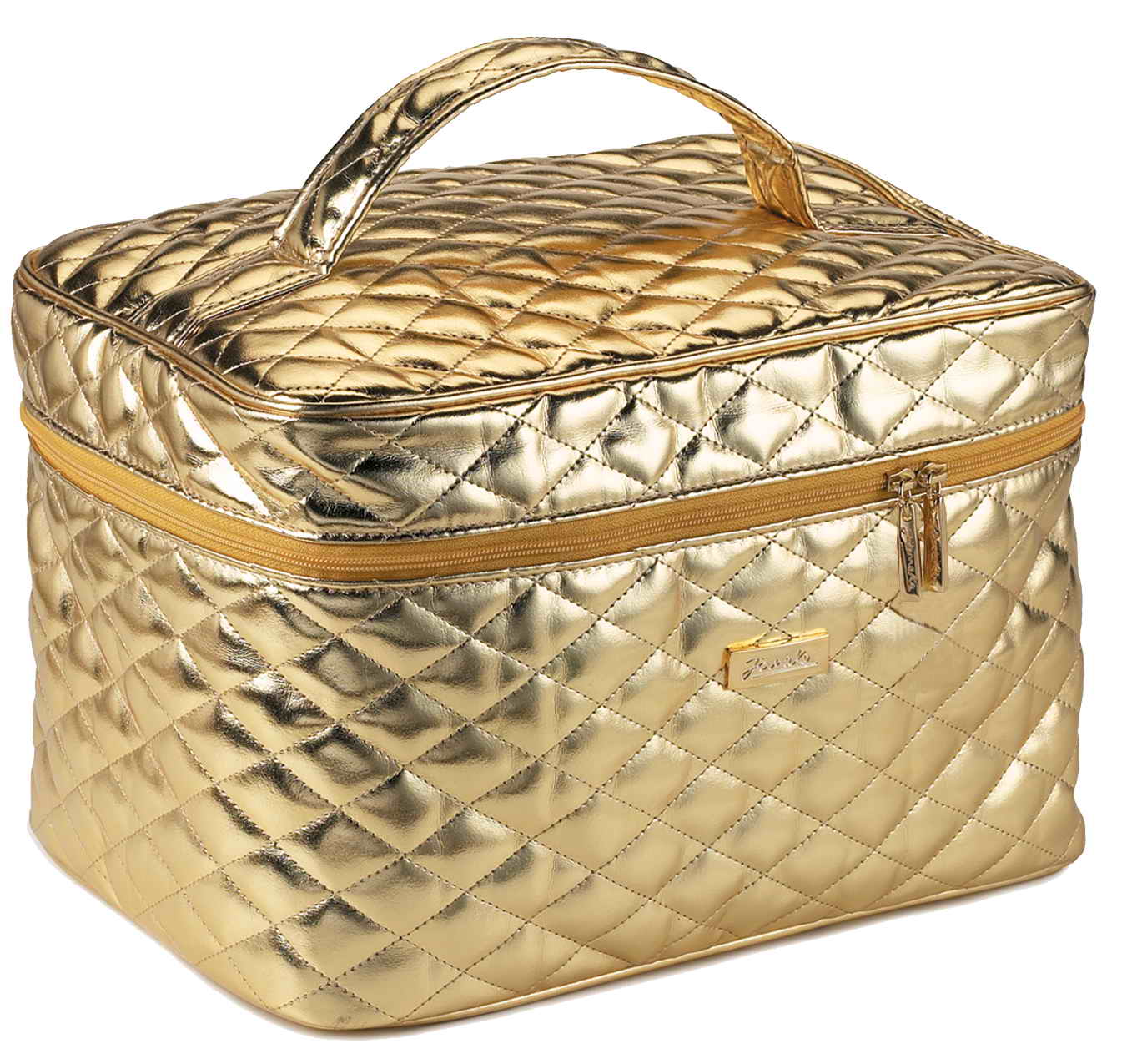 Large Quilted Metallic Train Case - Gold Makeup Organizer for Travel, Storage & Professional Use | Durable Cosmetic Case with Mirror for Women & Makeup Artists