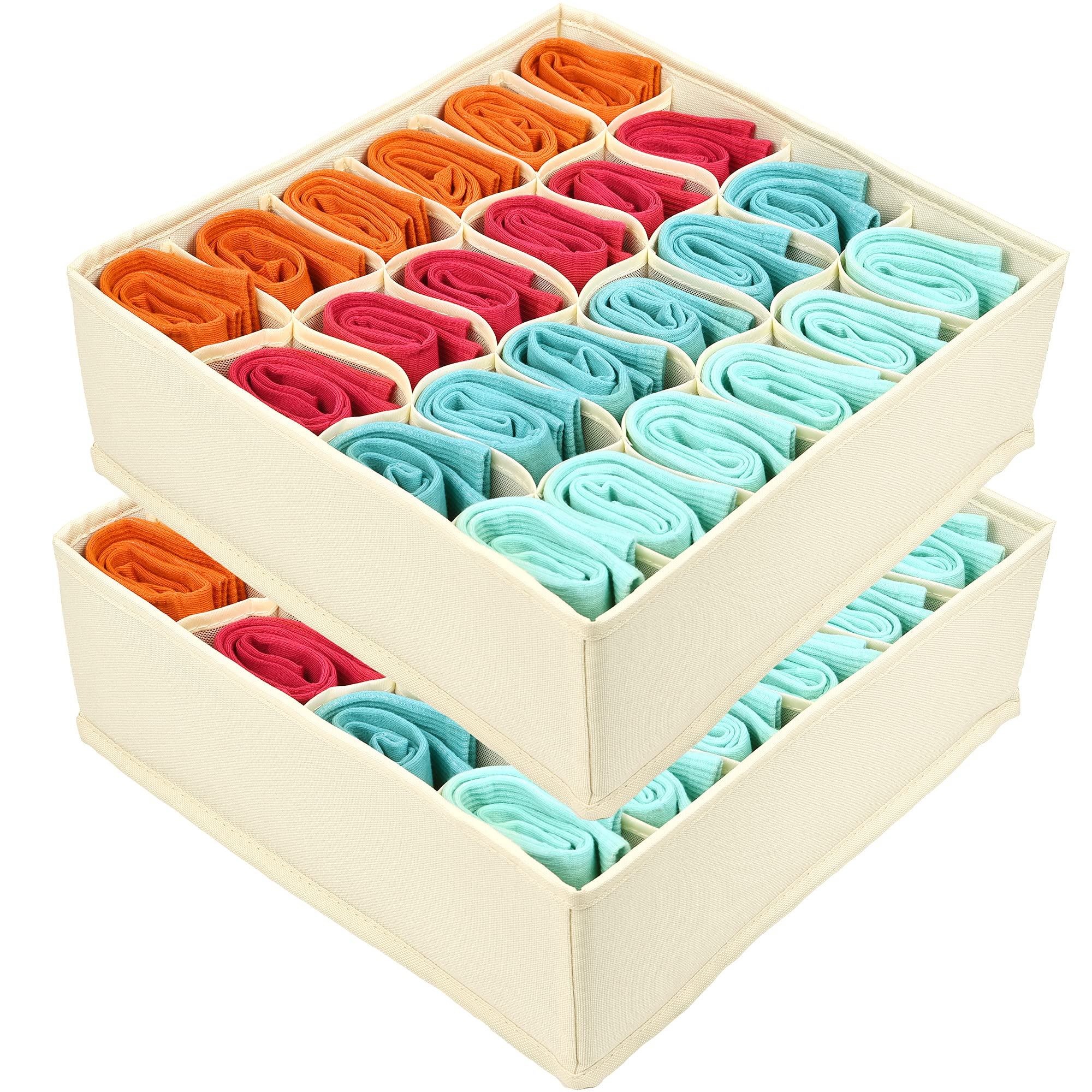 ULG 2 Pack Sock Drawer Organizer - Machine Washable Oxford Cloth Storage with 48 Cells for Socks, Underwear & Ties | Beige Fabric Cabinet Organizer | Perfect for Bedroom Closet, Dresser & Travel Luggage Organization