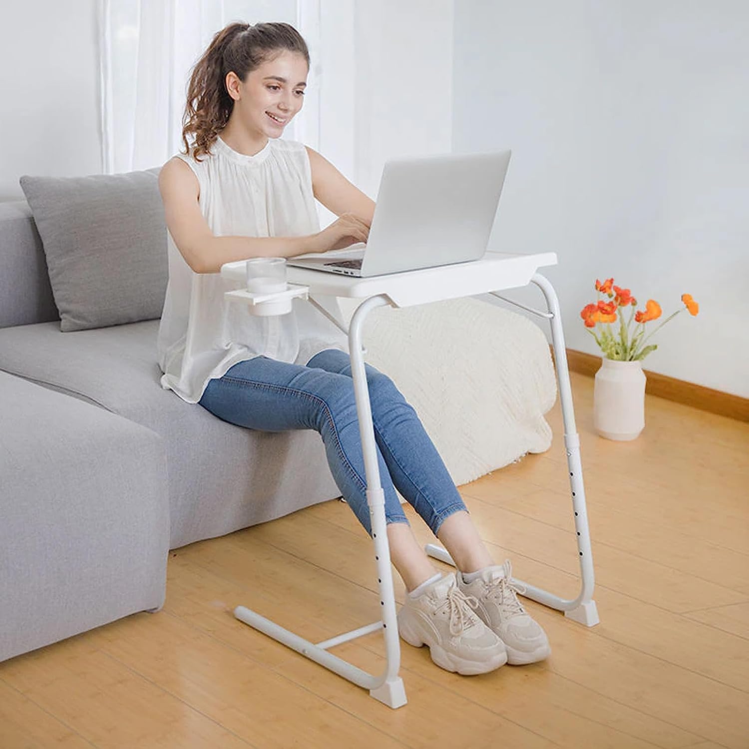 POCHY Adjustable Overbed Table - Modern Mobile Standing Desk, Folding Laptop Table with Wheels, Lightweight Portable Bedside Table for Home, Office & Hospital Use - Perfect for Working, Eating, Reading in Bed or Recovering Patients