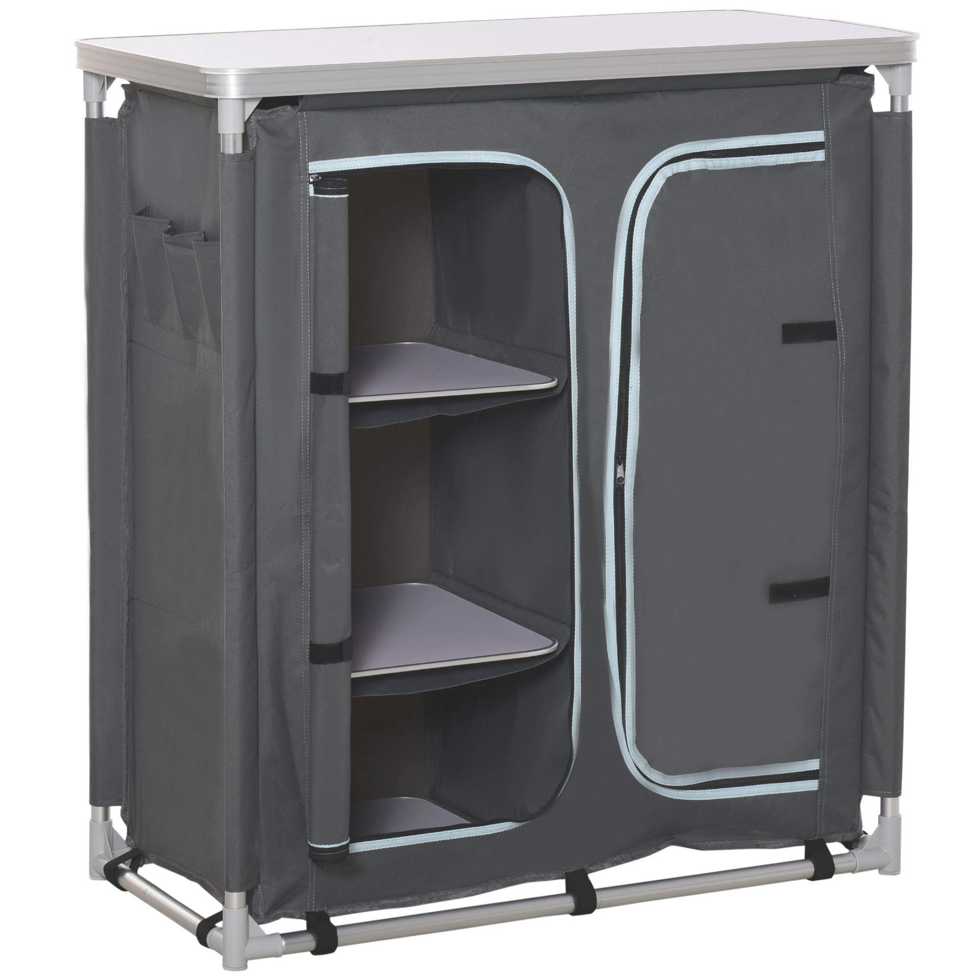 Outsunny Camping Kitchen Cabinet with Worktop - Portable Outdoor Camping Storage Organizer with Multiple Compartments & Carry Bag - Aluminum Frame & Oxford Grey Fabric - Perfect for Camping, Picnics & Outdoor Adventures