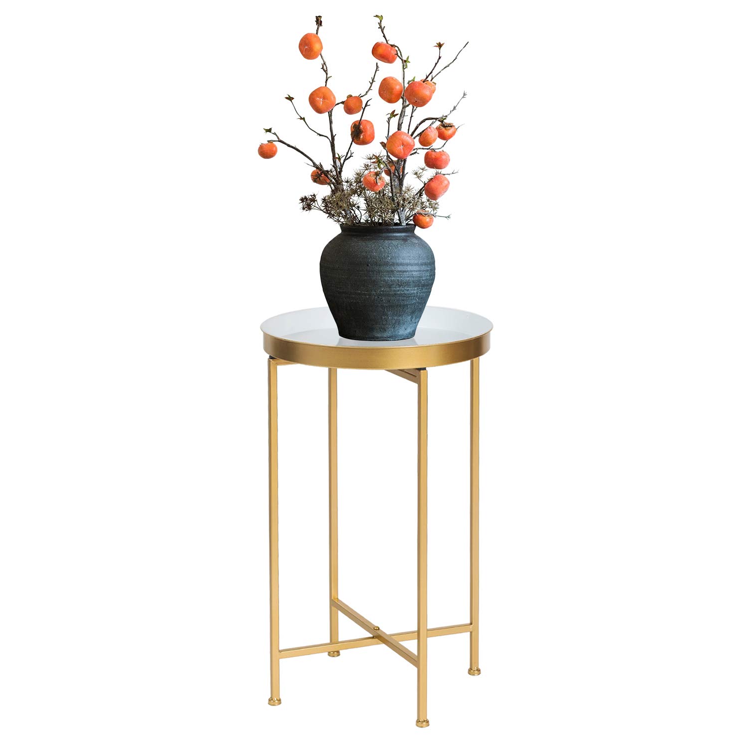 Adeco Modern Round Side End Accent Table - 25.7 Inch Tall Living Room Table with Gold Base & White Tray - Perfect for Sofa Side Table, Bedroom Nightstand, or Lounge Decor