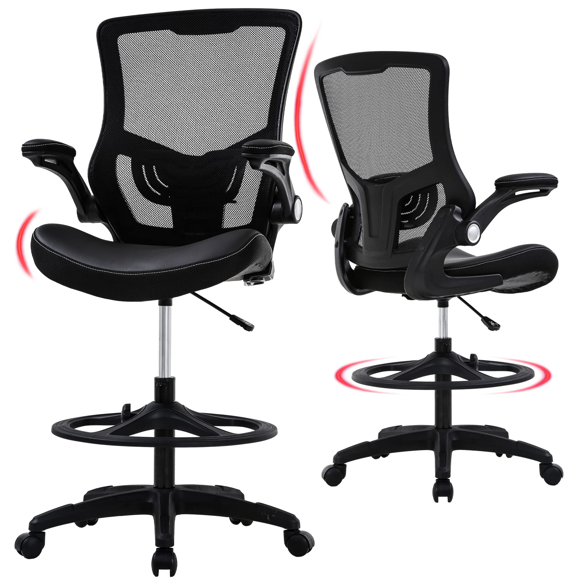 Ergonomic Mid-Back Mesh Drafting Chair with Flip-Up Arms & Lumbar Support - Adjustable Height Office Stool with Foot Ring for Architects, Designers & Home Office - Black