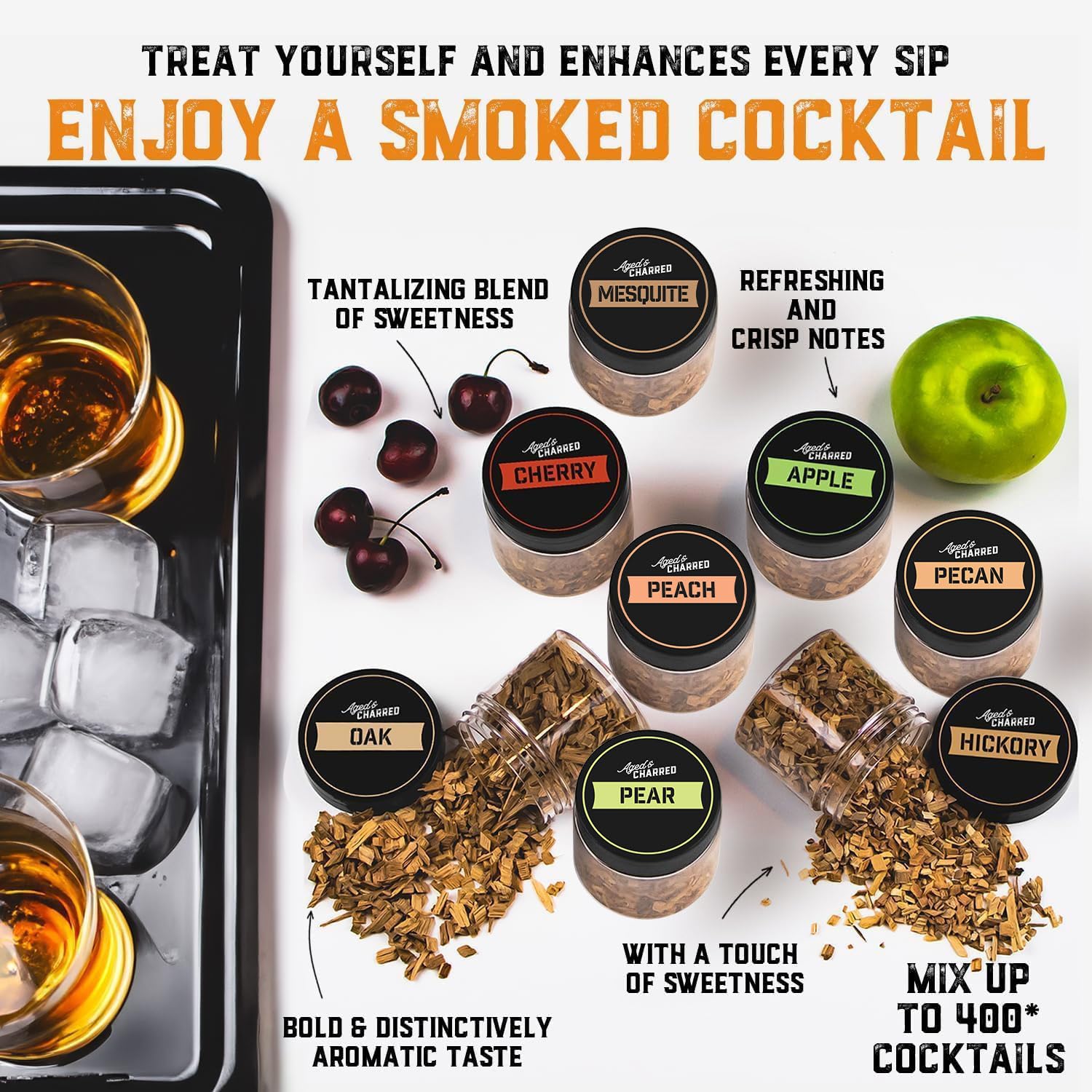 Premium Whiskey Cocktail Smoker Kit with Torch & 8 Flavored Wood Chips - American Oak Cocktail Smoker for Old Fashioned & Bourbon Drinks - Butane Included - Perfect for Home Bars, Gifts for Men & Cocktail Enthusiasts