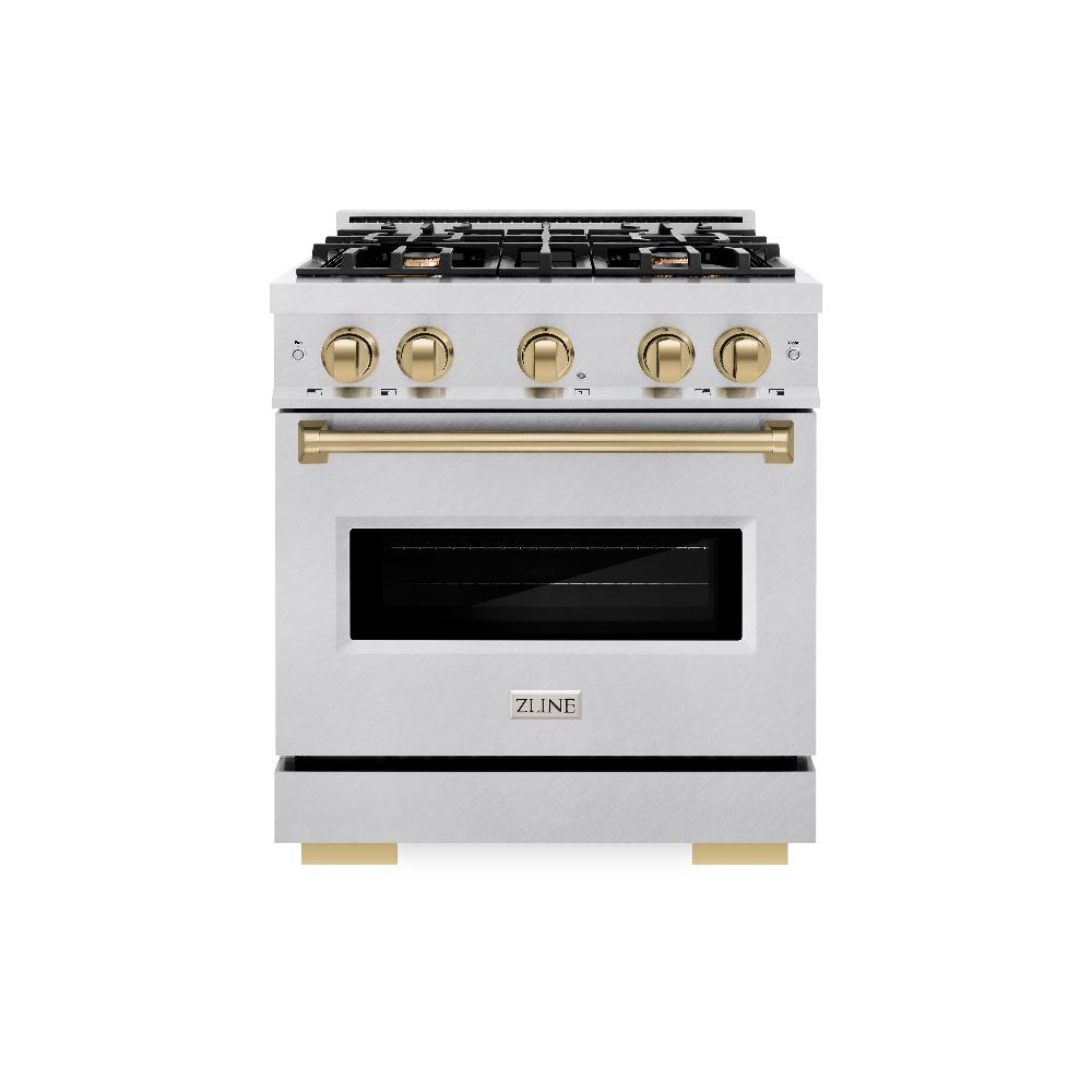 ZLINE Autograph Edition 30-inch 4.2 cu. ft. Classic Gas Range with 4 Burner Cooktop & Convection Gas Oven - Satin Stainless Steel with Champagne Bronze Accents (CGRSZ 30 CB) | Perfect for Home Kitchens & Professional Cooking