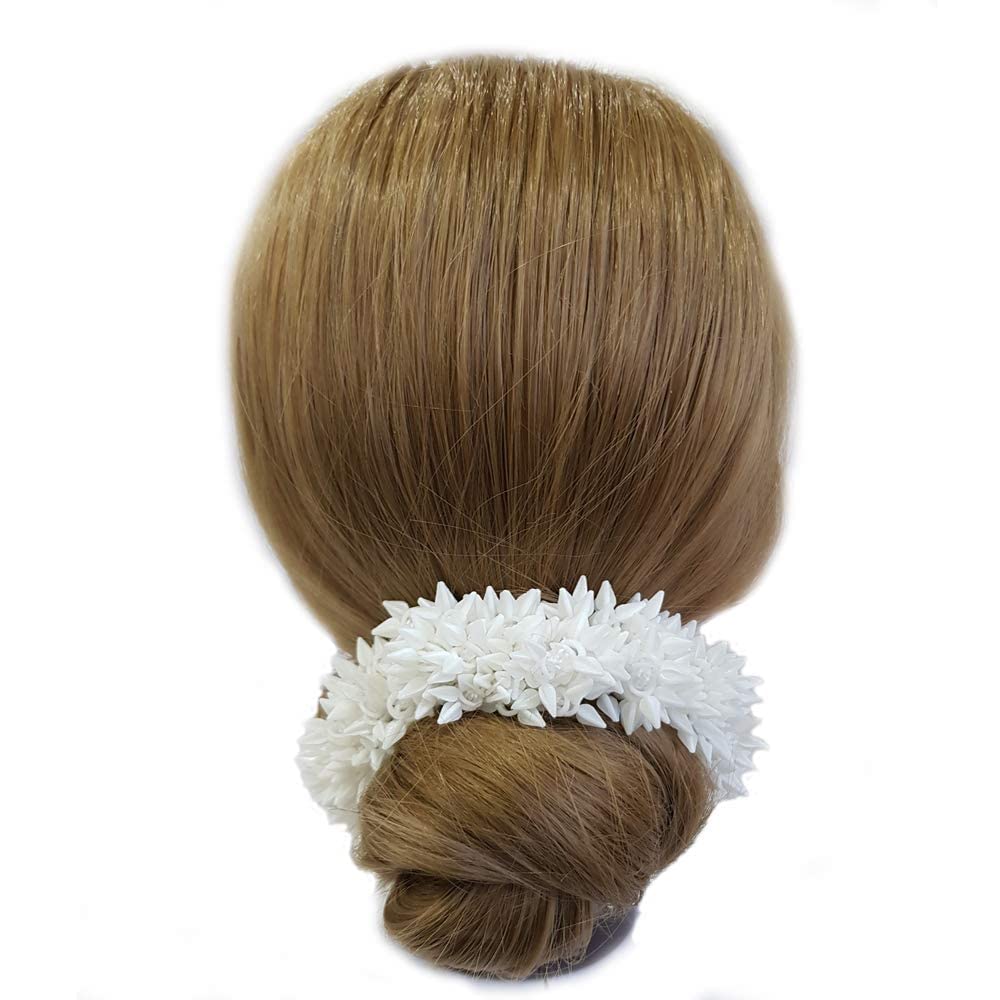 AKSUTI Women's Hair Accessories - Rose & Mogra Scented Rubber Band Gajra Hair Ties (White, Free Size, Pack of 2) for Bridal, Party & Daily Wear