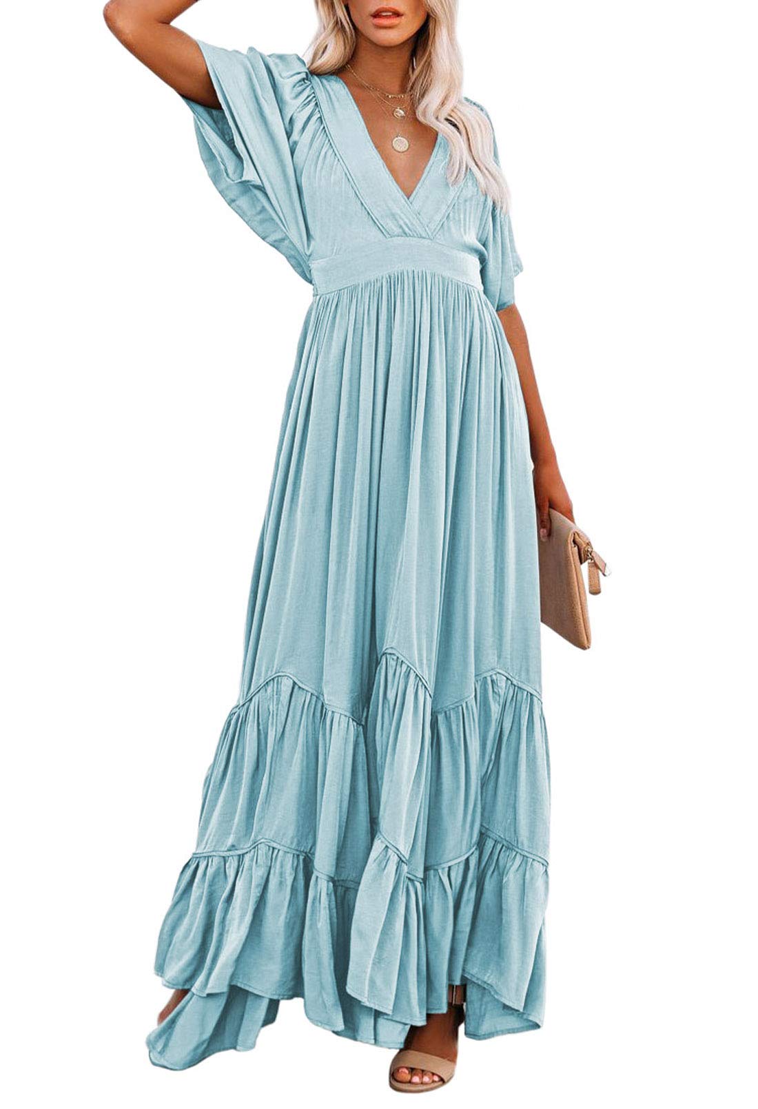 LaSuiveur Women's Short Sleeve V-Neck Loose Maxi Dress - Casual Summer Long Dress for Beach, Vacation & Everyday Wear