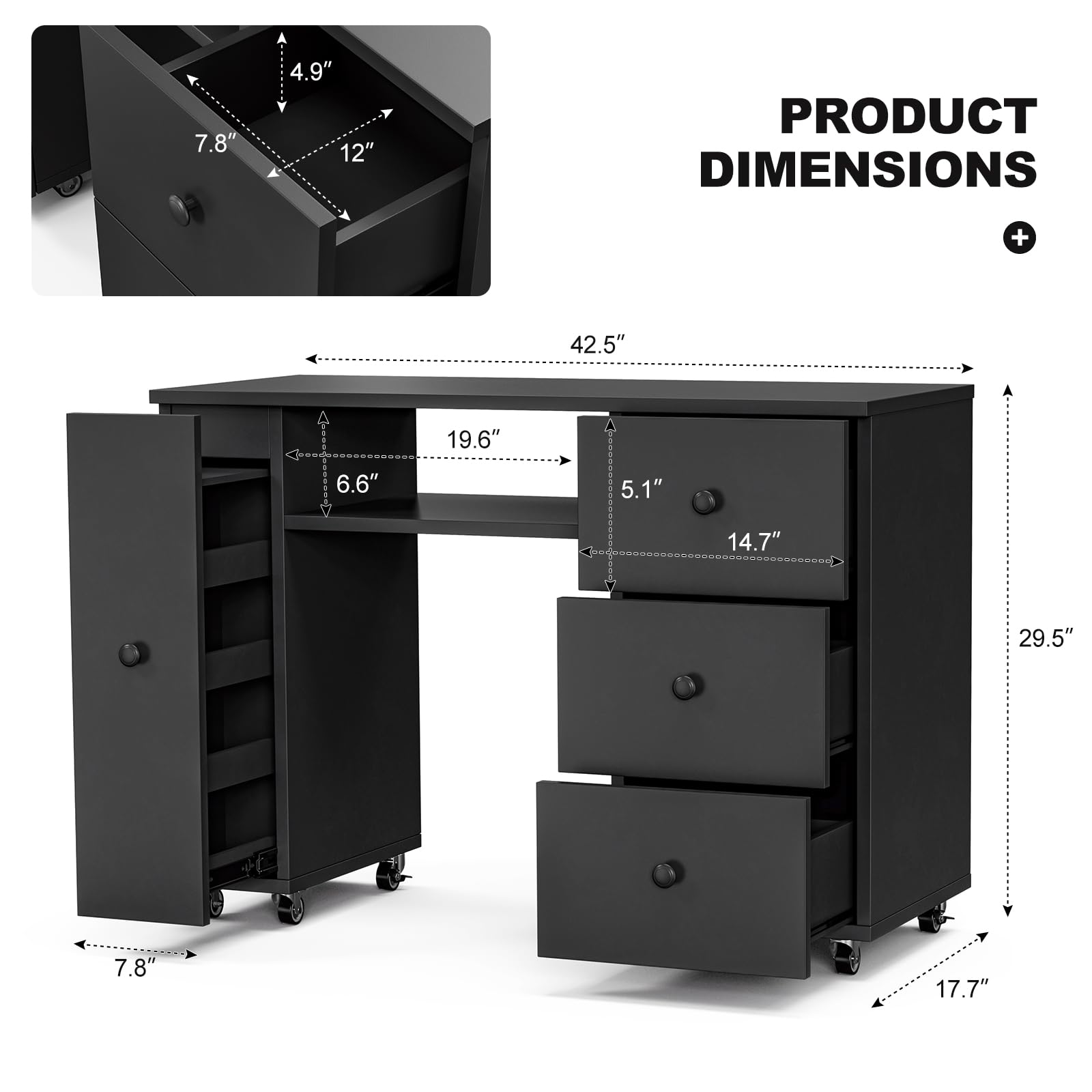 Professional Manicure Table Nail Desk with 3 Drawers & Storage Cabinet - Portable Nail Tech Station with Lockable Wheels - Beauty Salon Workstation for Nail Artists & Home Use (Black) - Perfect for Nail Salons, Home Studios & Mobile Nail Technicians