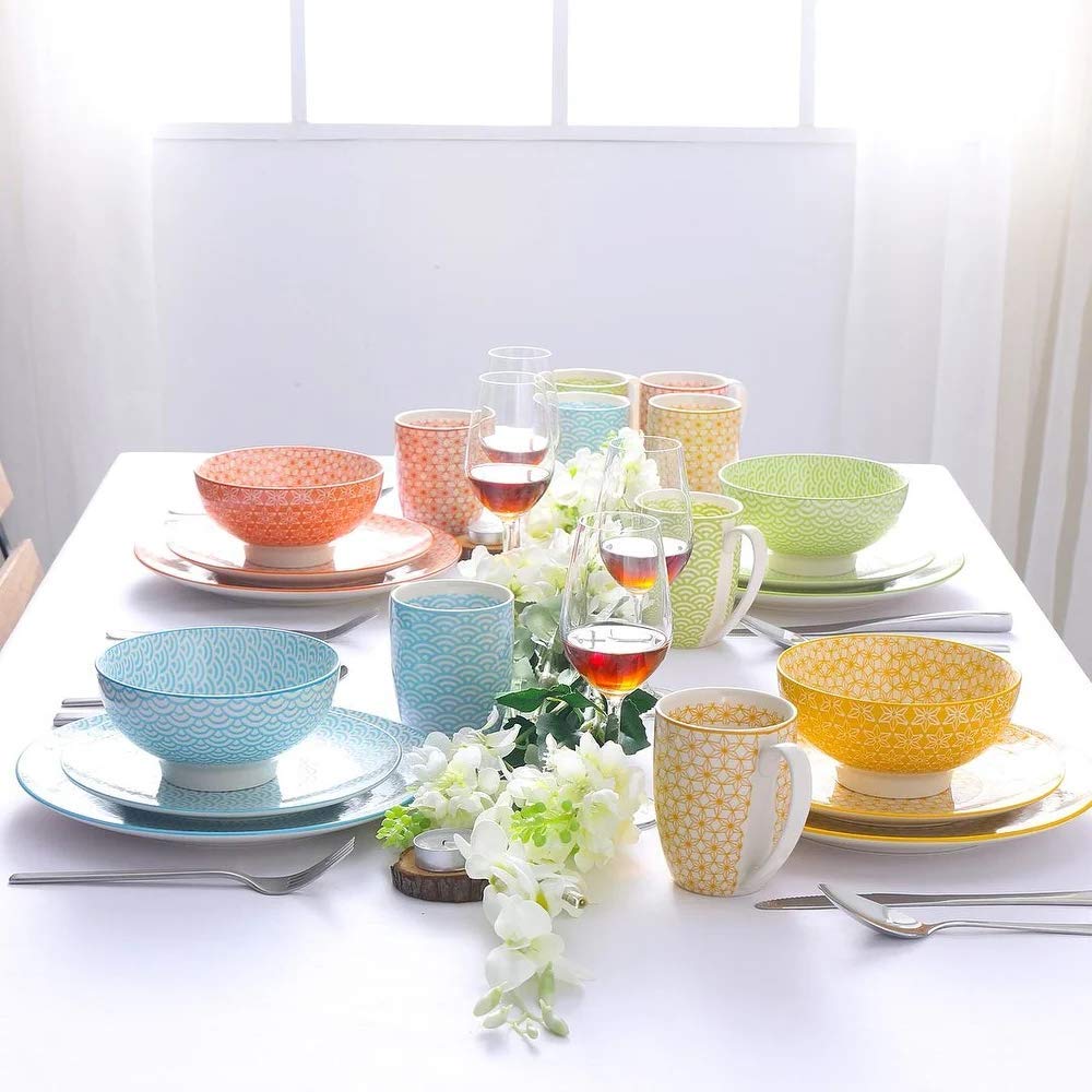 48-Piece Porcelain Dinnerware Set - Blue, Yellow & Red Ceramic Plates, Bowls, Cups for 8 People | Complete Tableware Service with Dinner Plates, Dessert Plates & Bowls | Perfect for Family Gatherings, Dinner Parties & Housewarming Gifts