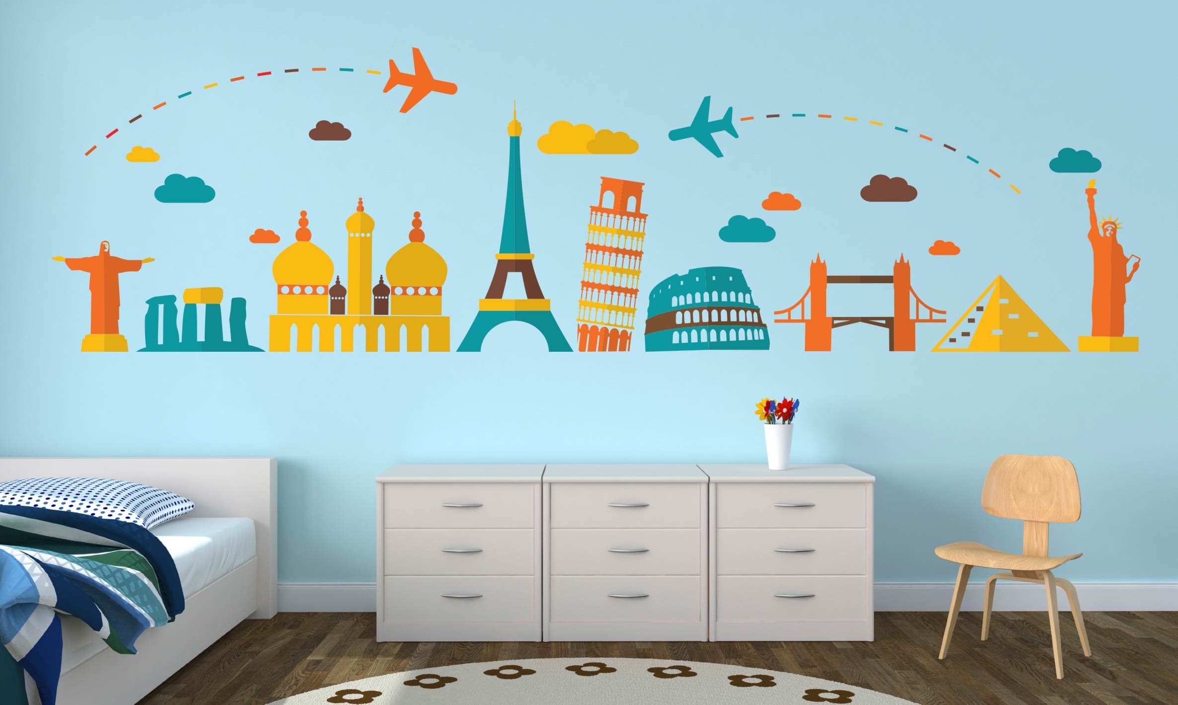World Travel Famous Landmarks Wall Decal Sticker - 53 x 15 Inches Large Removable Vinyl Art for Home & Office Decor - Perfect for Living Room, Bedroom, Nursery or Classroom