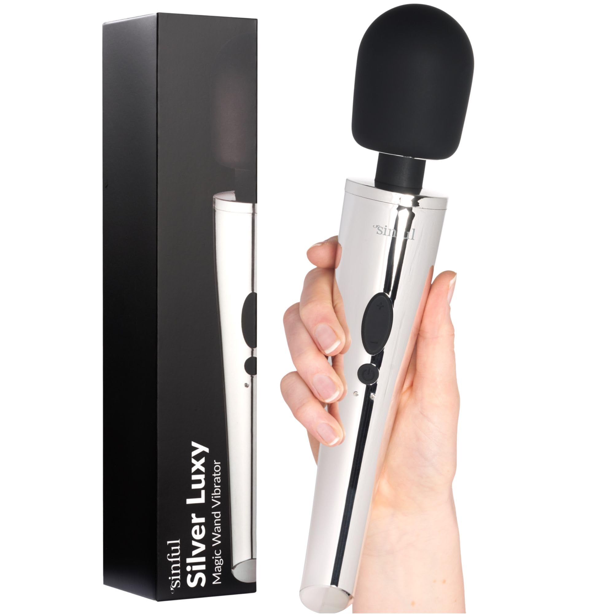 Sinful Luxy Powerful Body Massager - Waterproof & Ultra Quiet Magic Wand Vibrator for Women - 10 Speed Rechargeable Adult Massage Toy - Perfect for Couples, Solo Play & Stress Relief - Silver