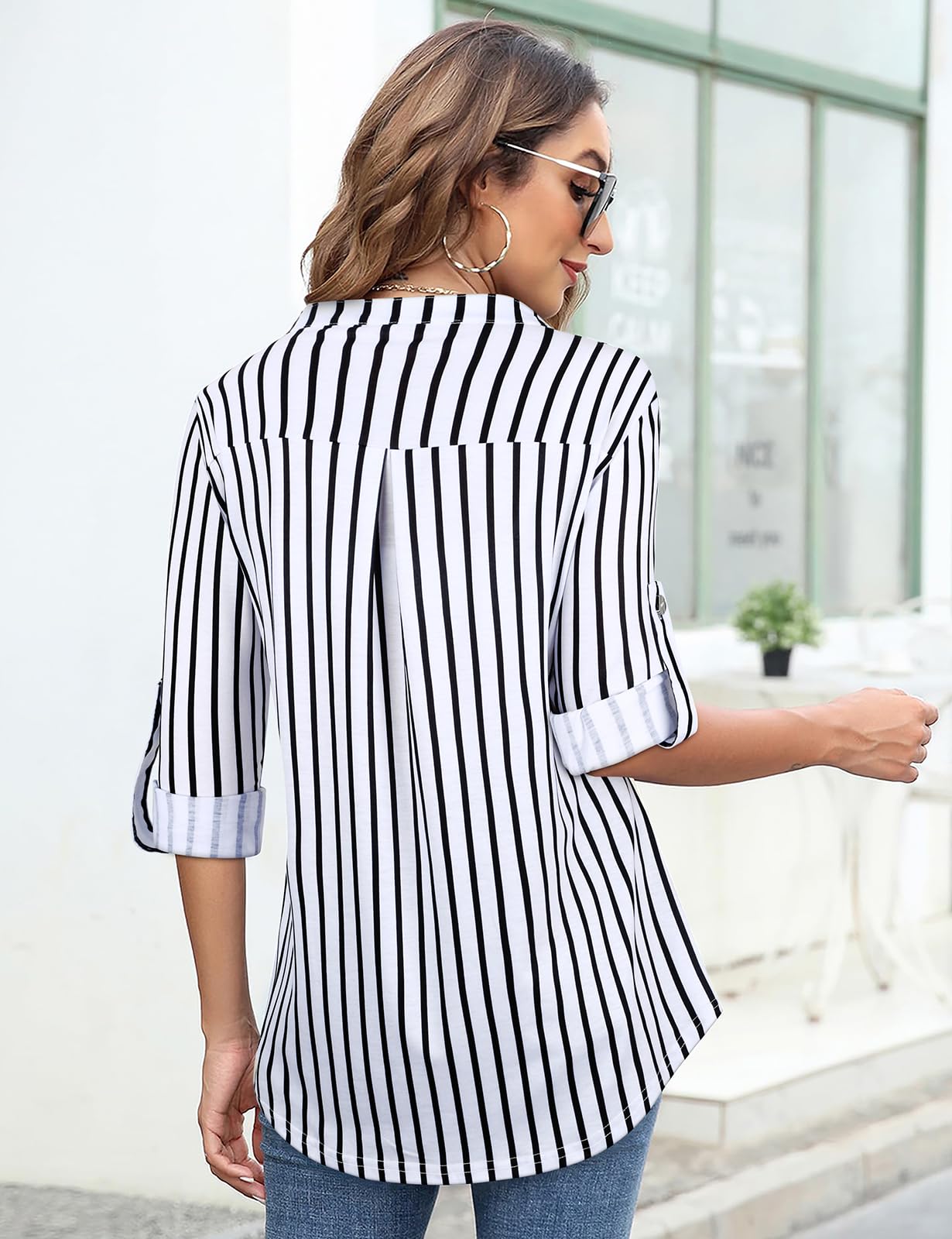Women's Casual Long Sleeve Plaid Tunic Blouse with Zipper V-Neck - Stylish Fall Layering Top for Work, Date Night & Everyday Wear