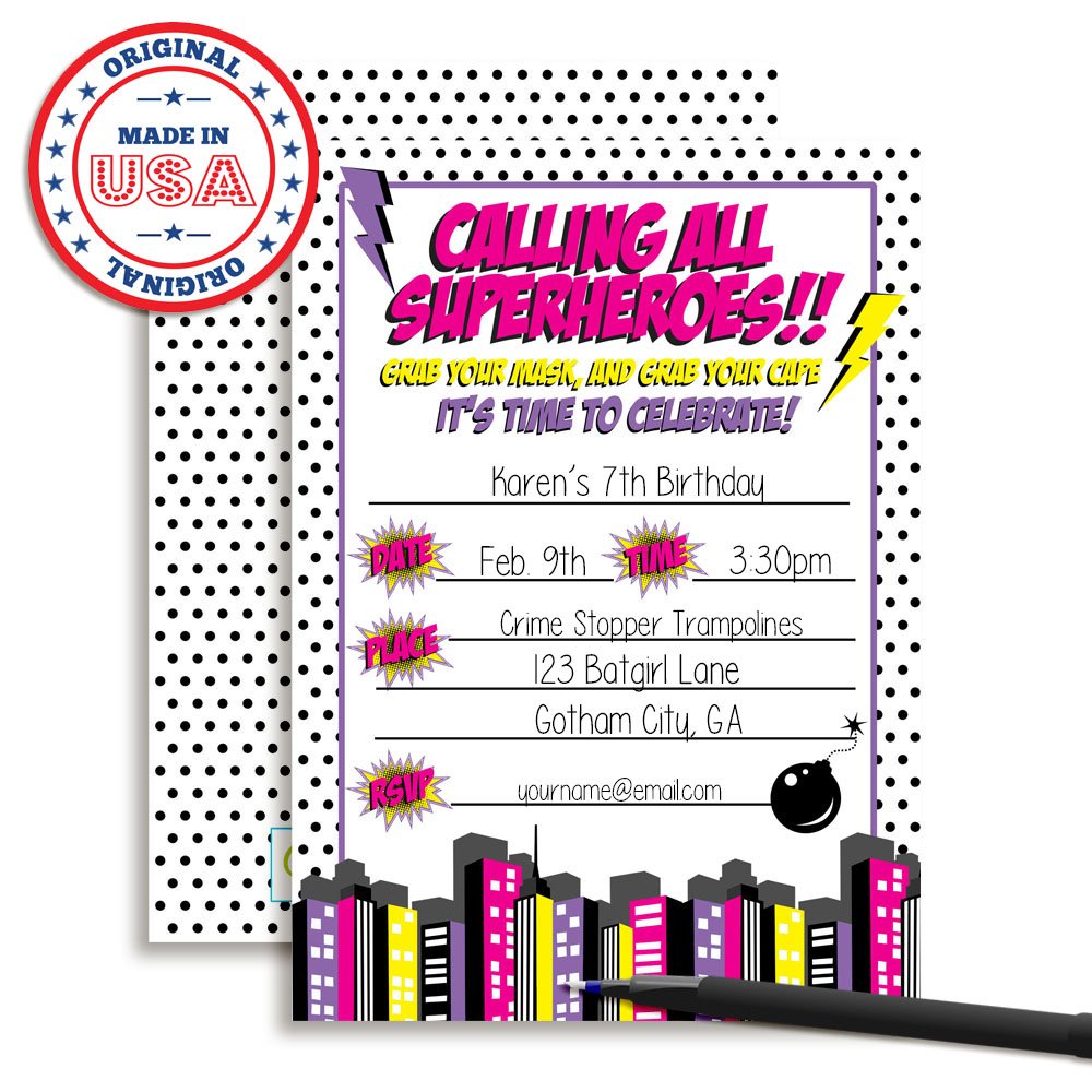 Super Hero Girl Birthday Party Invitations - 20 Pack 5x7 Fill-in Cards with Envelopes - Perfect for Superhero Themed Birthday Parties, Baby Showers & Kids Events