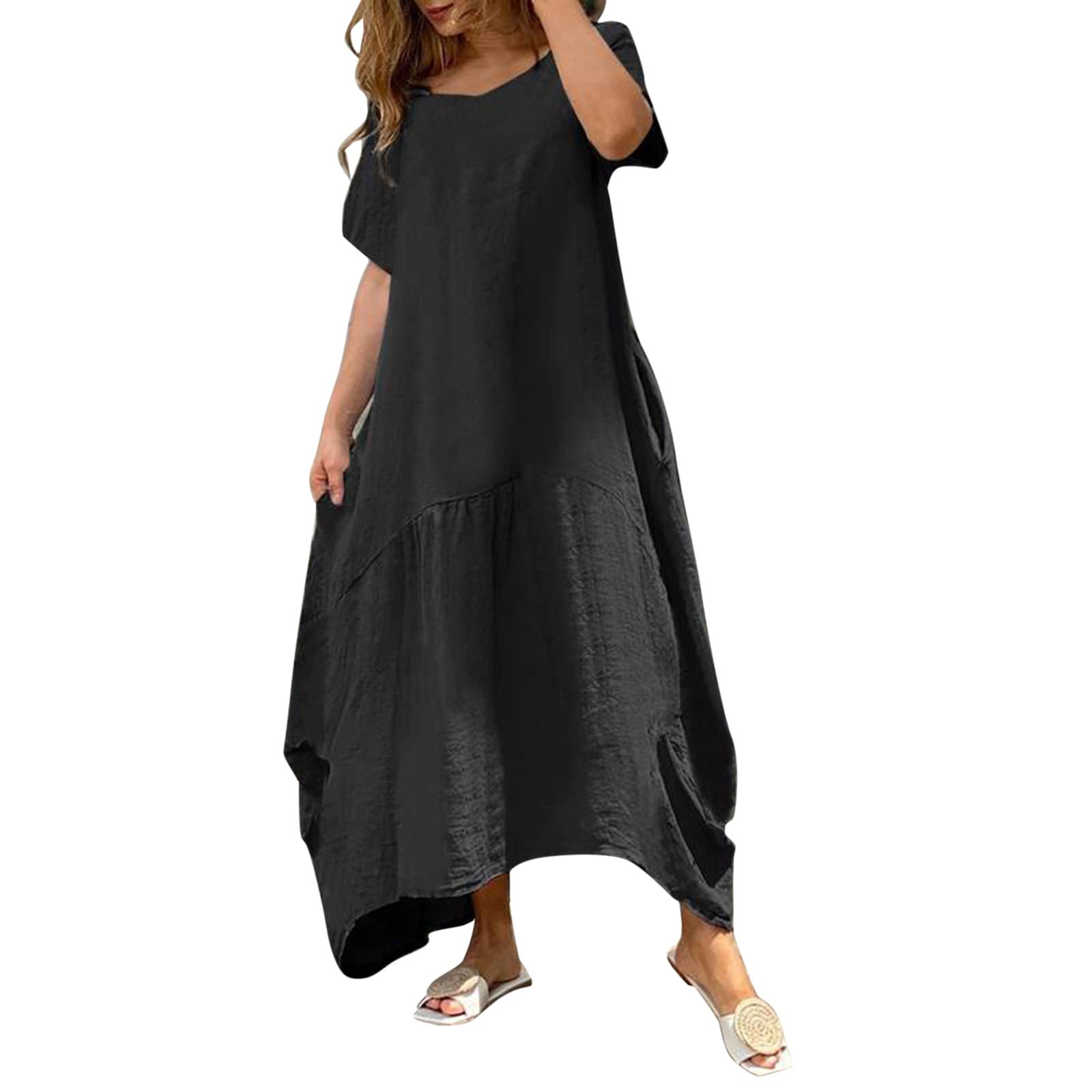 Women's Summer Casual Round Neck Long Sleeve Loose Dress - Solid Color Flowy Maxi Dress for Beach, Vacation & Everyday Wear