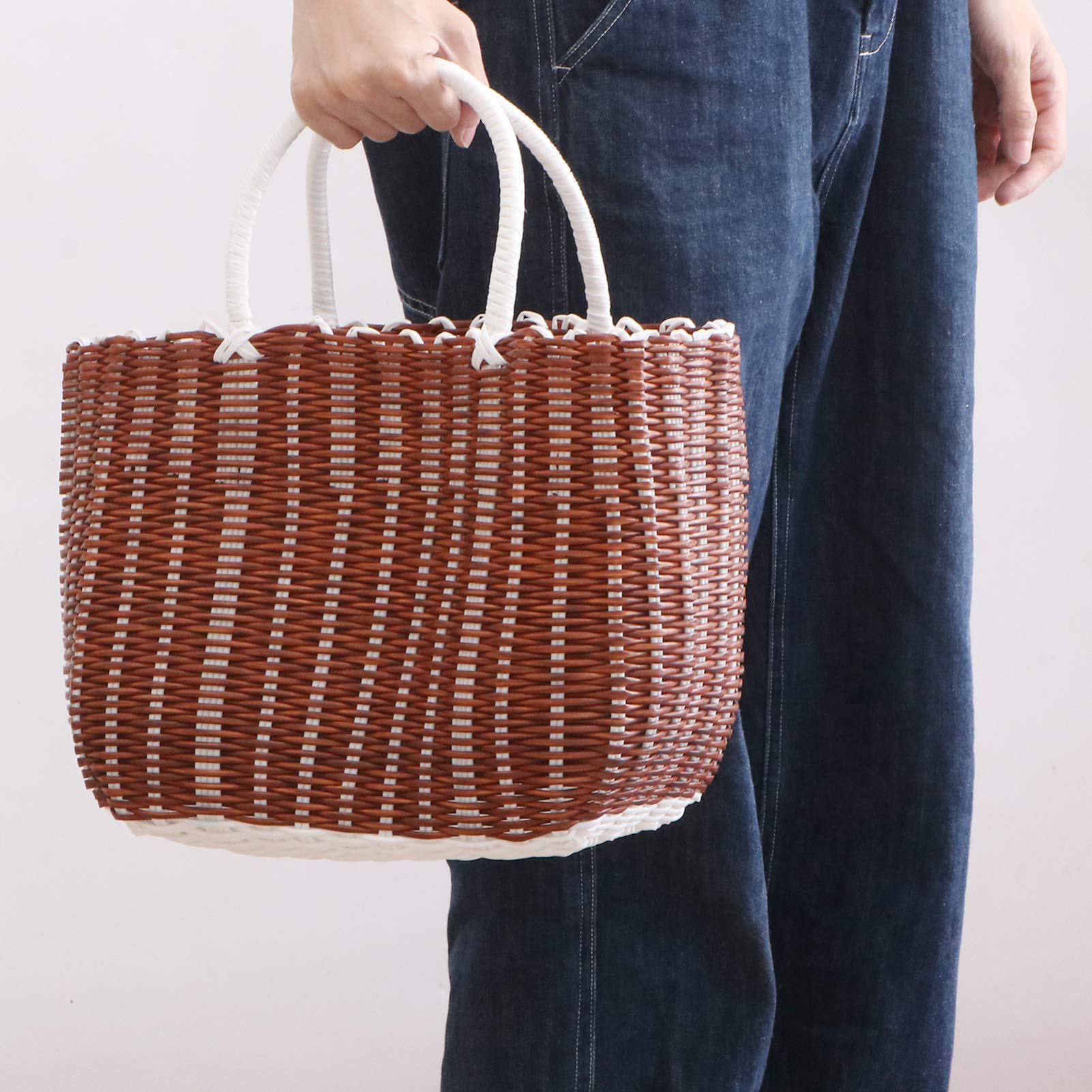 Eco-Friendly Plastic Woven Storage Basket with Handle - Rattan Style Shopping Tote for Groceries, Fruits & Home Organization - Perfect for Kitchen, Bathroom & Moroccan Market Shopping