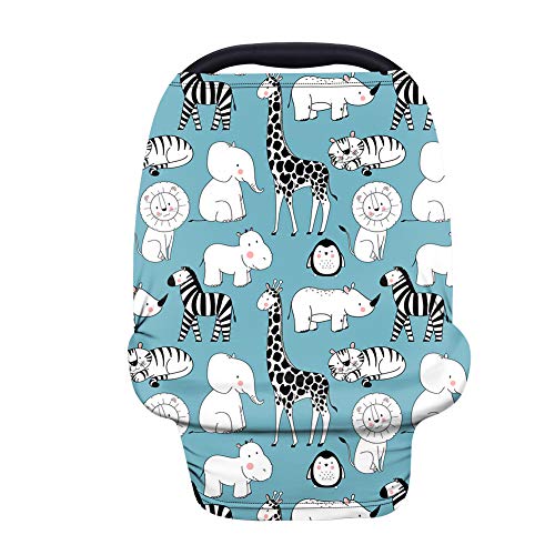 Binienty Safari Animals Stretchy Baby Car Seat Cover - Soft Fabric Infant Car Seat Protector with Cute Animal Design, Nursing Cover & Travel Canopy for Breastfeeding, Stroller & Car Safety (Ideal for Newborns, Toddlers & Outdoor Adventures)