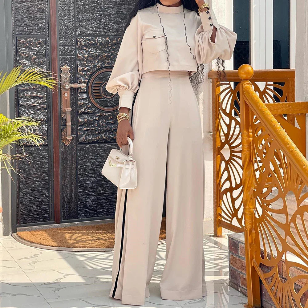 Women's Plus Size Loose Elegant Half High Neck Long Sleeve Top & Wide Leg Pants Casual Two Piece Set - Perfect for Autumn Outfits, Office Wear & Weekend Brunch