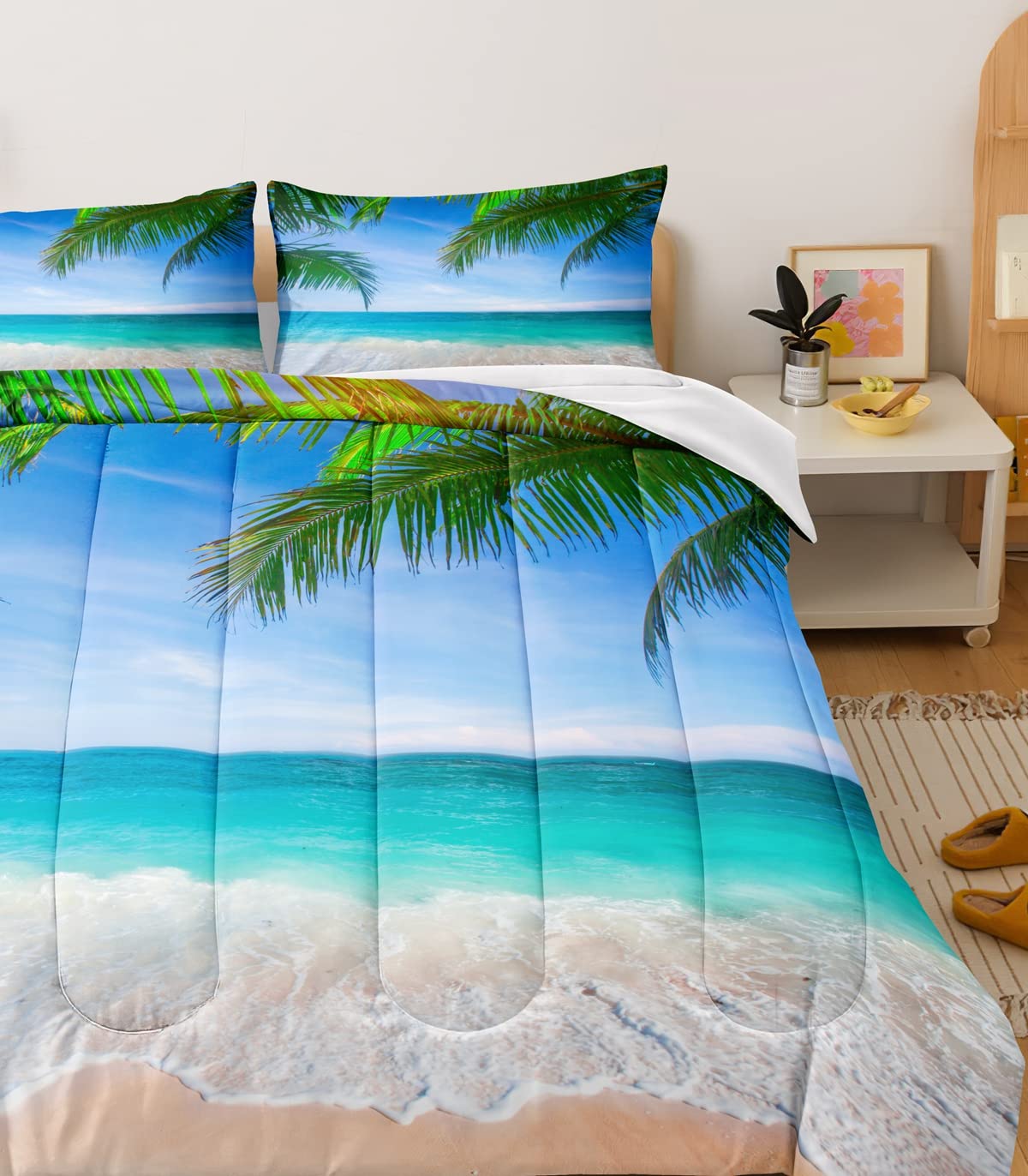 BDUCOK King Size Ocean Comforter Set - Tropical Palm Tree Hawaii Beach Bedding with 2 Pillowcases | Coastal Nature Theme All-Season Duvet Cover | Perfect for Beach House Decor, Vacation Rental, or Tropical Bedroom Makeover