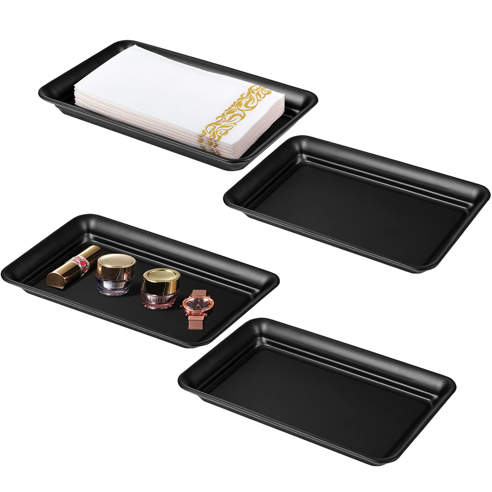 Vintage Farmhouse Decor Metal Vanity Tray (4 Pack) - Countertop Organizer for Hand Towels, Paper, Perfume, Cosmetics & Jewelry | Bathroom & Makeup Storage Solution | Sturdy Black Dispenser Tray for Home & Guest Use