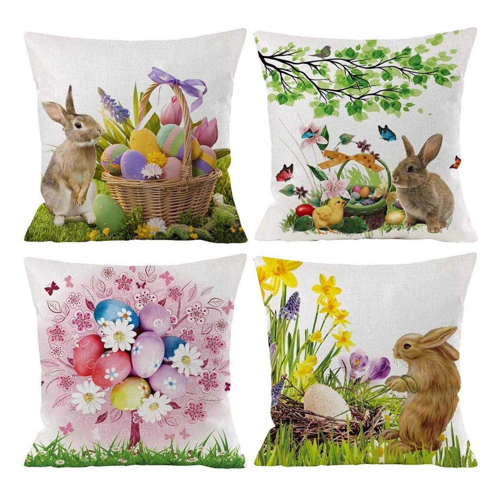 Easter Bunny Series Pillow Covers 18x18 Inch Set of 4 - Spring Home Decor, Couch Cushion Covers for Sofa, Living Room, Easter Party Decorations
