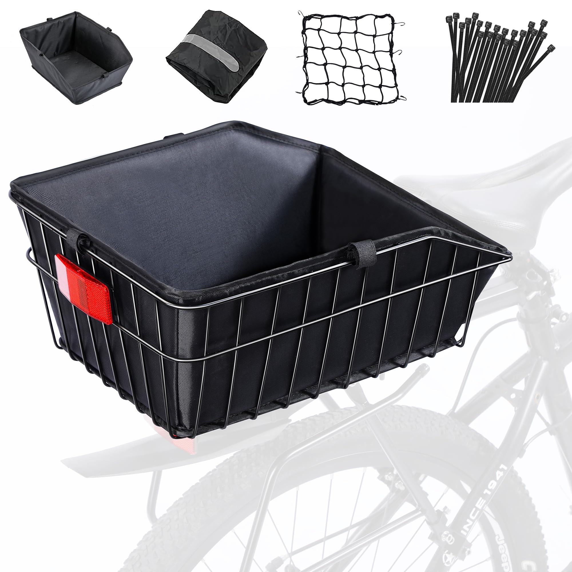 Rear Bike Basket with Liner - Large Waterproof Bicycle Rear Basket with Cargo Net - Perfect for Bike Trips, Grocery Shopping & Heavy Loads - Ideal for Commuting, Picnics & Outdoor Adventures