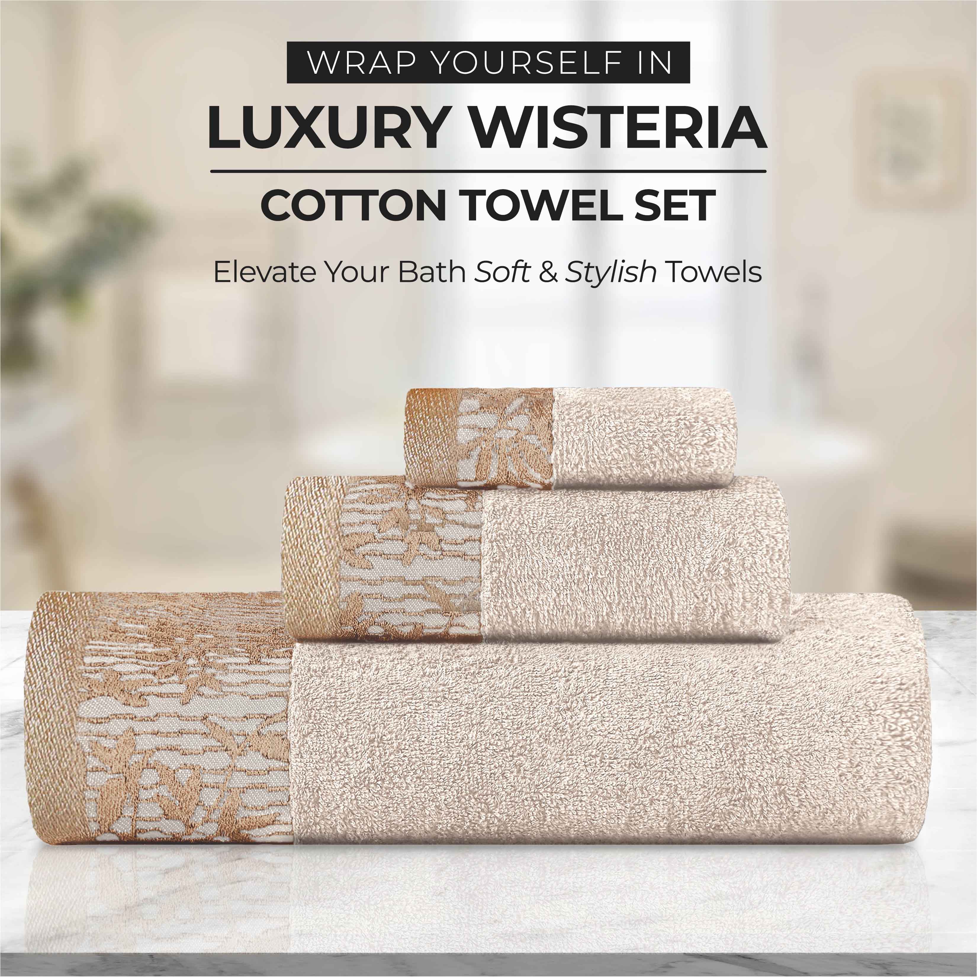 12-Piece Wisteria Cotton Floral Embroidered Jacquard Bath Towel Set | Luxury Soft Absorbent Towels for Spa, Bathroom & Guest Use