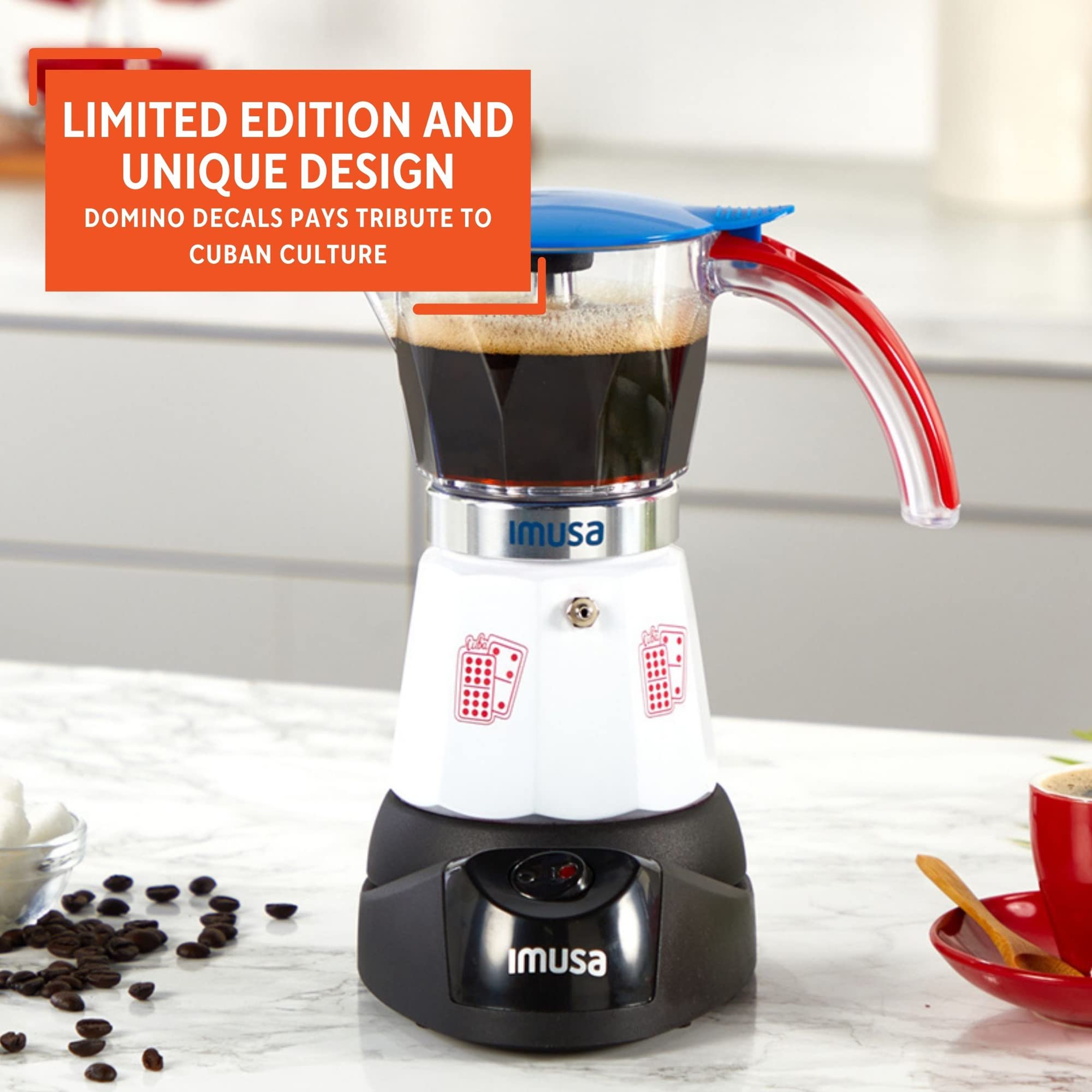 IMUSA Electric Espresso Coffee Maker - 3 or 6 Cup Capacity, Cuba/Domino Themed (White/Red/Blue) - Perfect for Home, Office & Entertaining Guests