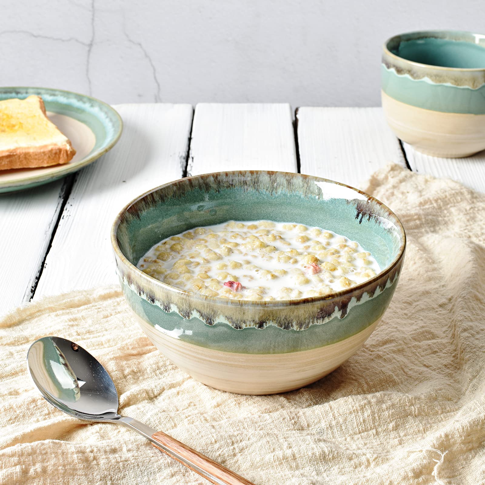 Bosmarlin 12-Piece Stoneware Dinnerware Set for 4 - Microwave & Dishwasher Safe Ceramic Plates & Bowls with Reactive Turquoise Green Glaze | Elegant Table Setting for Family Dinners & Entertaining