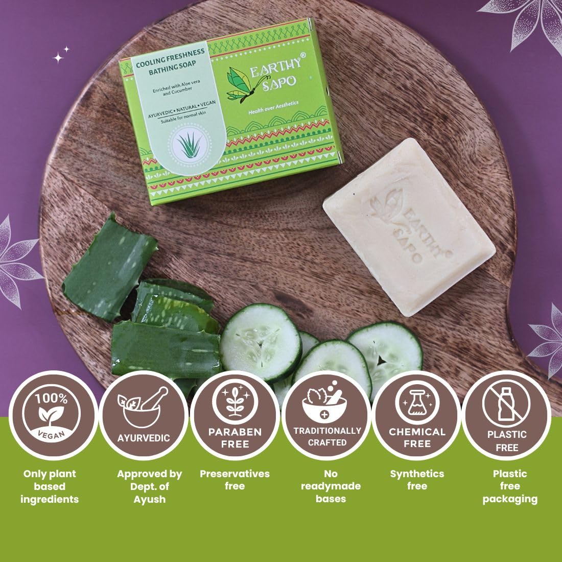 Earthy Sapo Handmade Aloe Vera & Cucumber Cooling Soap - 100g Natural Freshness Bath Bar for Sensitive Skin & Summer Hydration