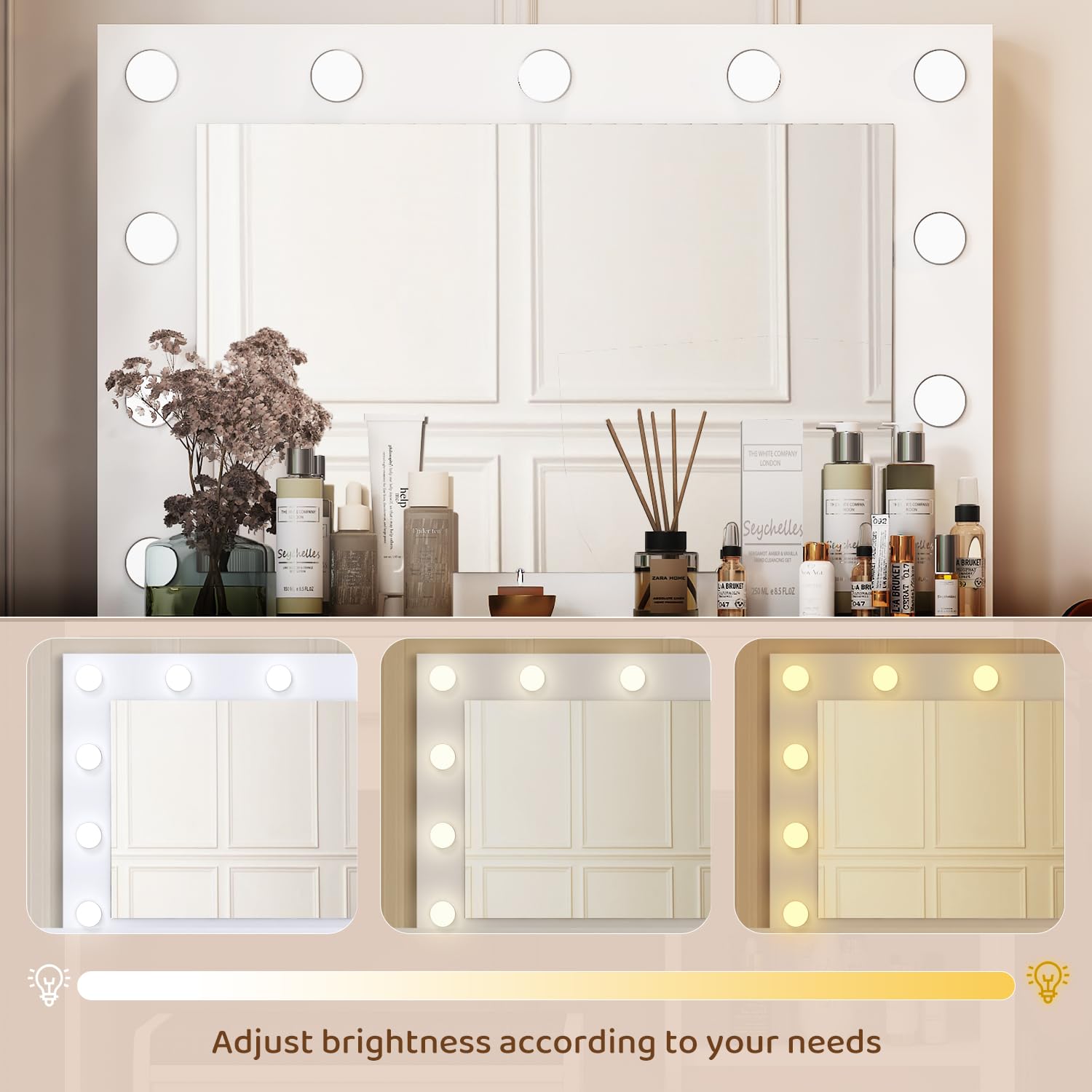 Vanity Desk with Mirror, Large Drawer & Built-in Power Outlet - 11 LED Bulbs with 3 Adjustable Lighting Modes, White Makeup Dressing Table for Bedroom | Perfect for Makeup Application, Skincare Routine & Home Decor