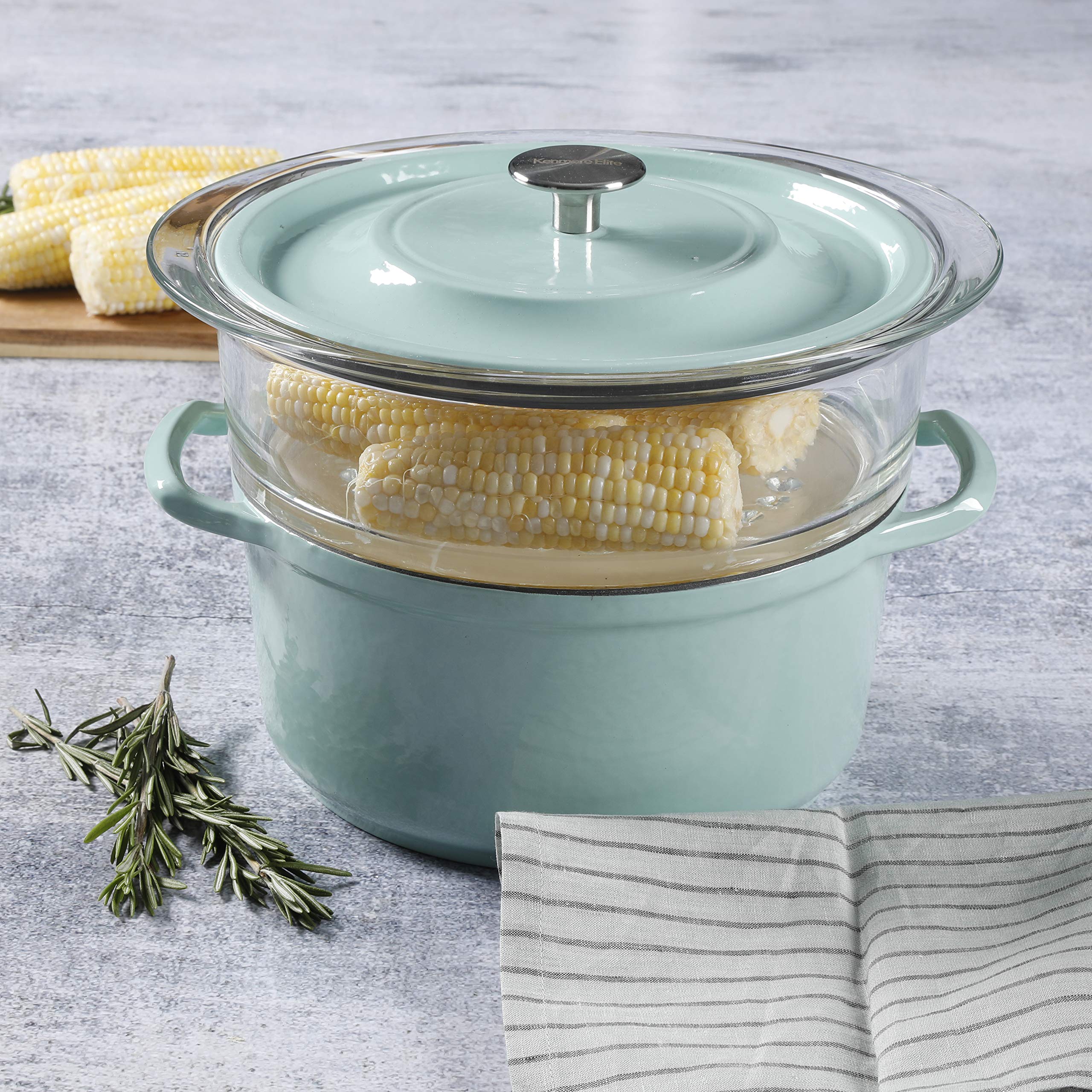 Kenmore 5-Quart Cast Iron Dutch Oven with Lid & Steamer - Glacier Blue | Heavy Duty Enameled Cookware for Baking, Braising & Steaming | Perfect for Soups, Stews & Family Meals