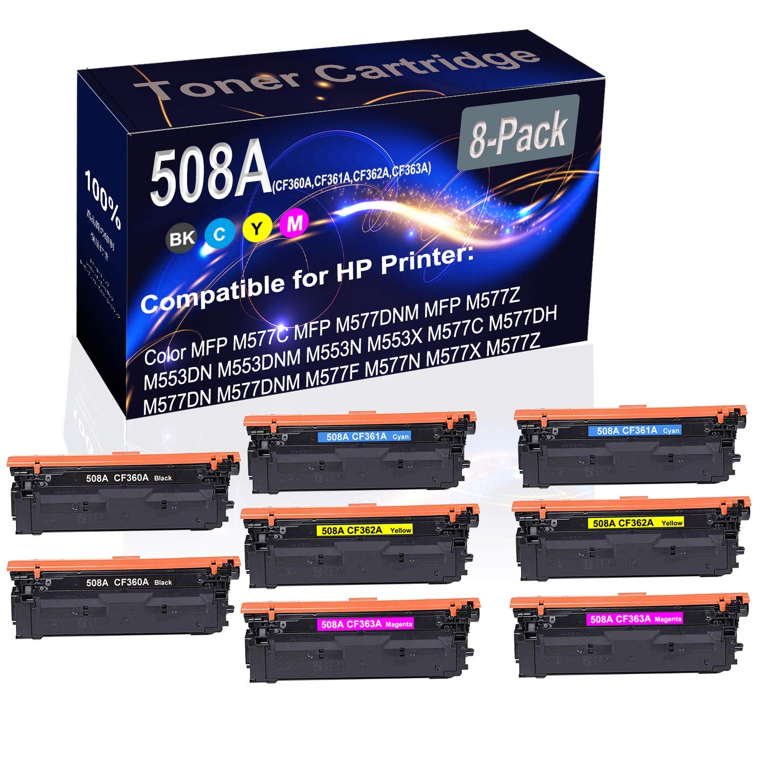 8-Pack (2BK+2C+2Y+2M) High Capacity Compatible Toner Cartridge for HP M553dn/M553n/M553x Laser Printers - Replacement for HP 508A (CF360A CF361A CF362A CF363A) - Perfect for Office & Home Printing Needs