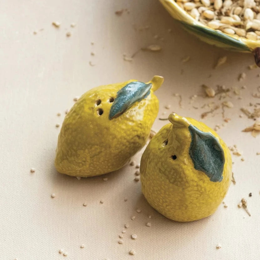 Hand Painted Lemon Shaped Salt and Pepper Shakers Set - Ceramic Kitchen Spice Containers for Dining Table, Restaurant, and Home Decor